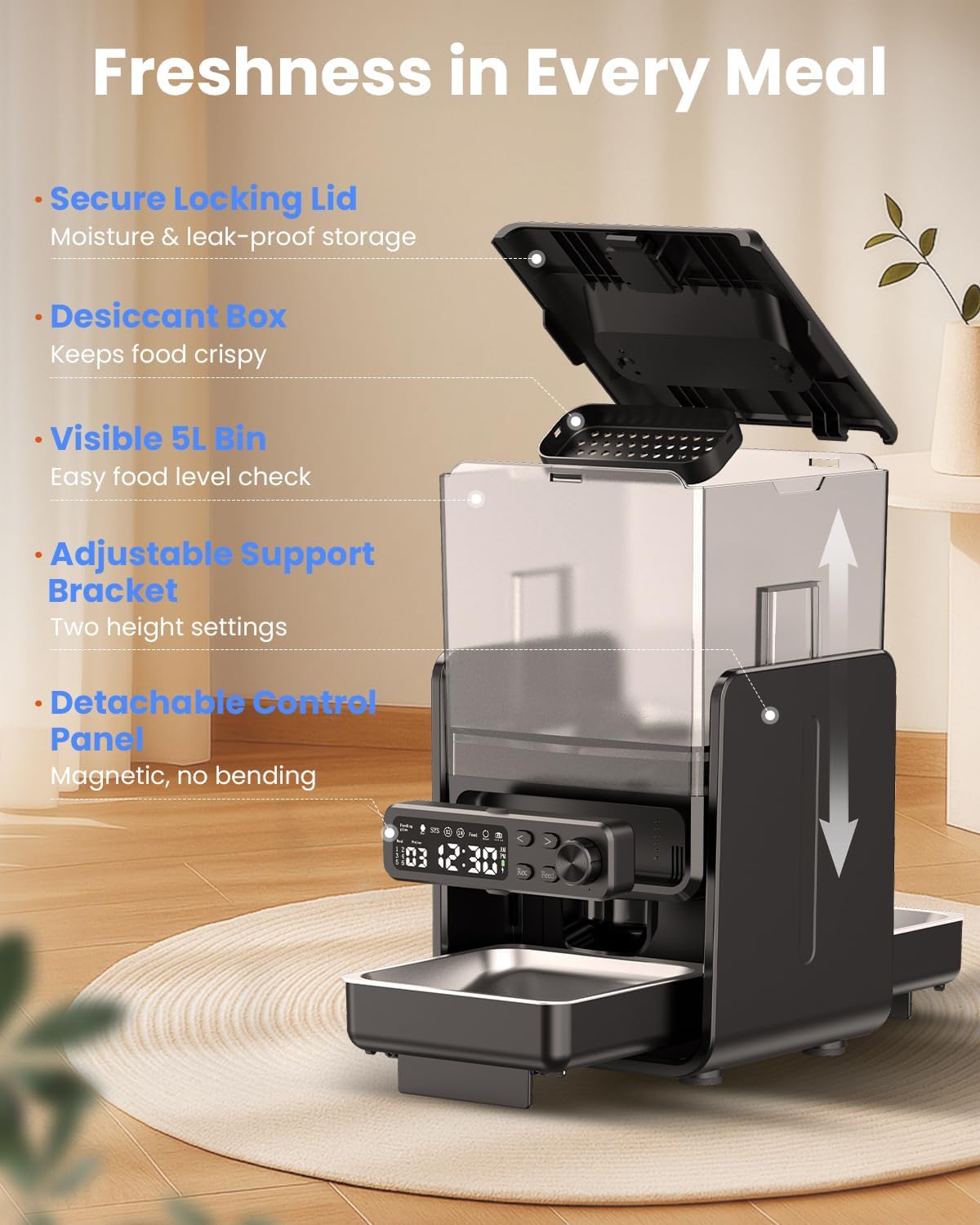 Automatic Cat Feeder for 2 Cats, 5L/20 Cups Food Dispenser with Adjustable Raised Double Bowls, Detachable Control Panel, Timed Cat and Dogs Feeder for Dry Food, Dual Power Supply - Image 6