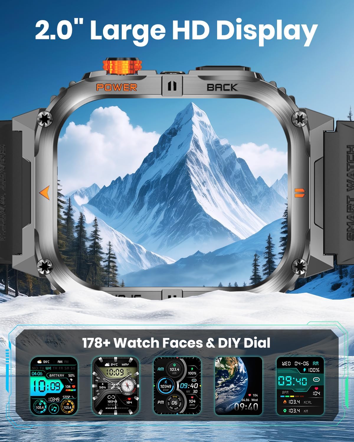 2.0" Large Screen Military Smart Watch for Men, 1200mAh Battery, 100+ Days Battery, Bluetooth Calls, LED Flashlight, IP68 Waterproof, 110+ Sports Modes, Heart Rate/SpO₂/Sleep Monitor for Android & iOS - Image 3