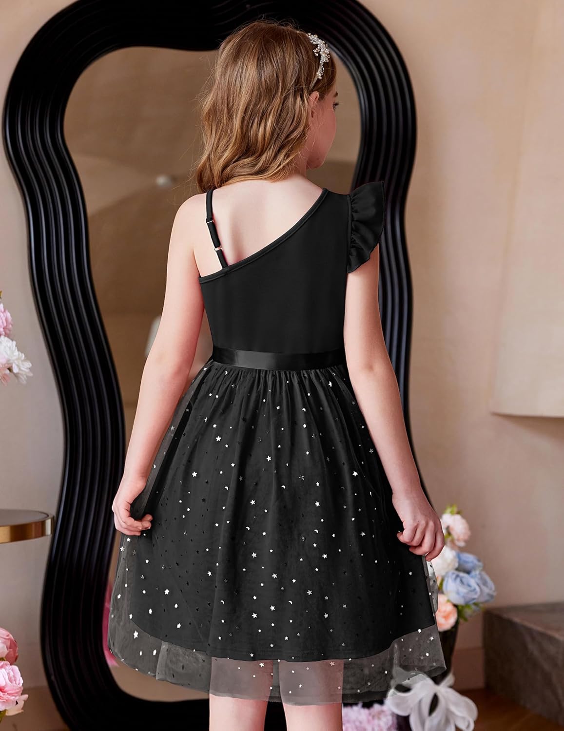 Arshiner Girls Dresses Summer One Shoulder Ruffle Sleeveless Formal Fancy Party Birthday Tulle Dress with Belted - Image 8