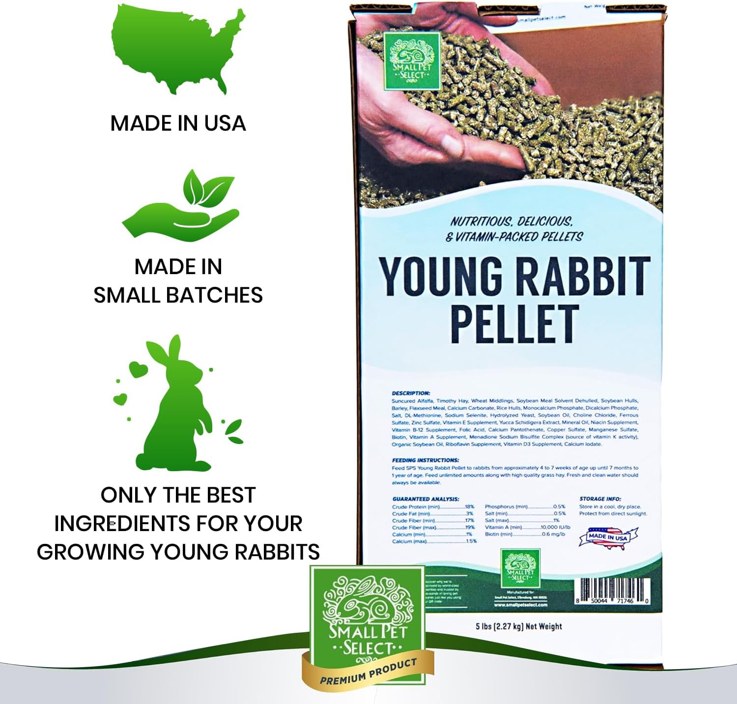 Small Pet Select Young Rabbit Pellet Food, Pellets, Treats for Bunny Rabbits High Fiber Timothy Hay Based Formula, 5lb - Image 4