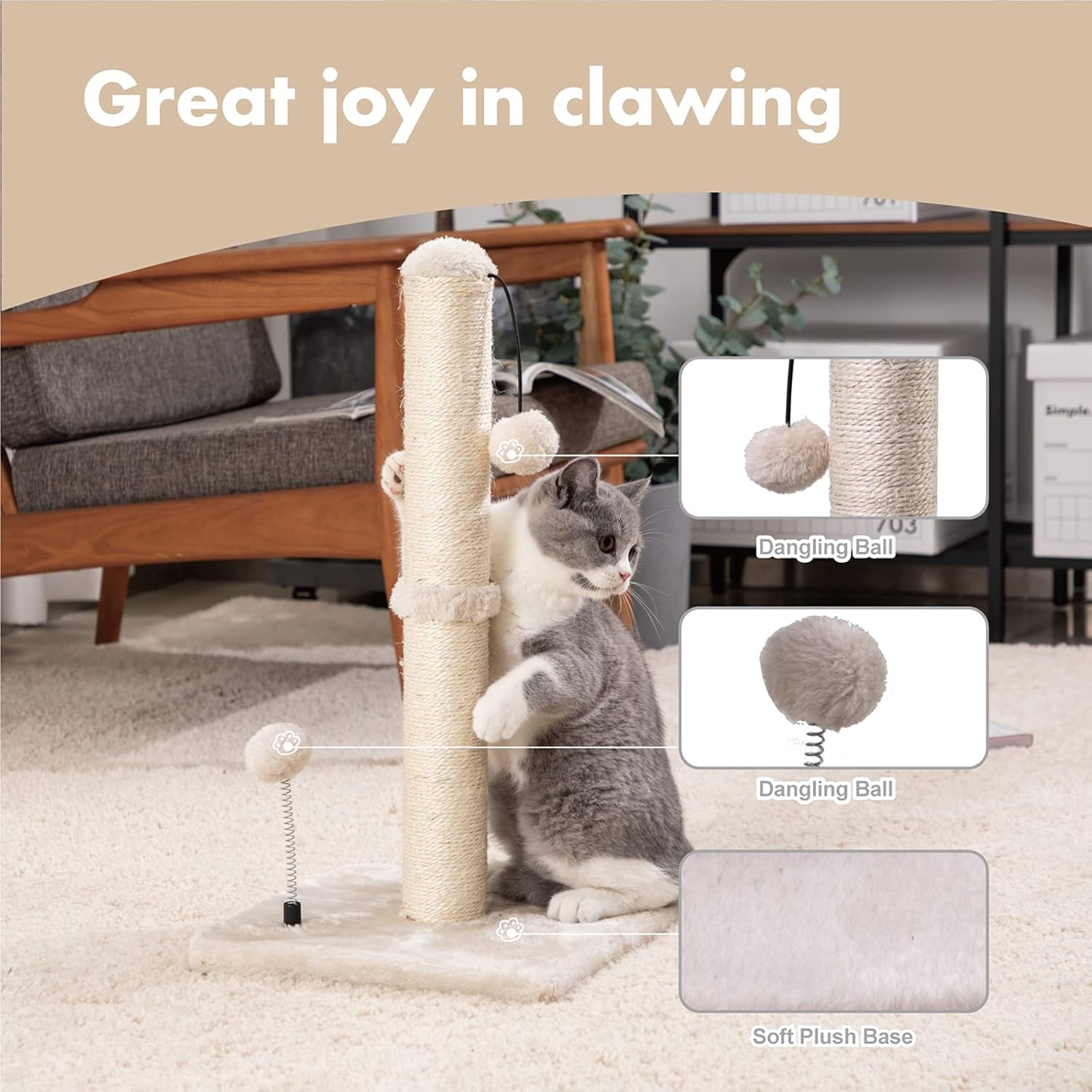 MECOOL Cat Scratching Post Premium Basics Kitten Scratcher Sisal Scratch Posts with Hanging Ball 22in for Kittens or Smaller Cats (22 inches for Kitten, Beige) - Image 2