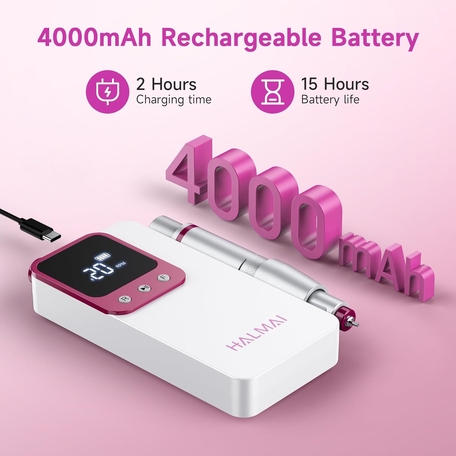 Electric Nail Drill Professional, Portable Nail File for Acrylic Gel Nails, Cordless Rechargeable Ultra Power Nail Drill Kit 40000RPM, HMC320 Salon-Grade Efile Nail Machine (White) - Image 5