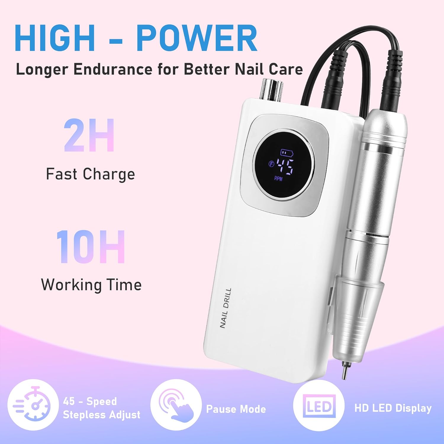 Portable Electric Nail Drill Professional 45000 RPM, Rechargeable Electric Nail File Machine Kit for Acrylic Gel Nails Polishing Removing, Quiet E-File with Bits for Manicure Salon Home - Image 2