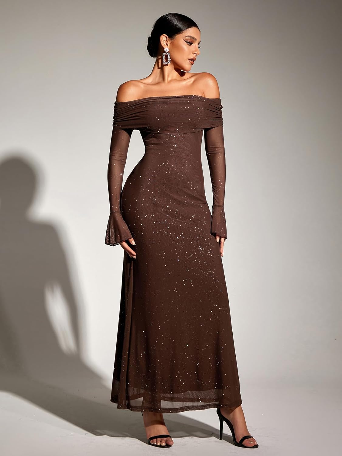 KUTUMAI Women Off Shoulder Bodycon Maxi Dress Long Sleeve Mesh Ruched Party Formal Wedding Guest Dresses - Image 4