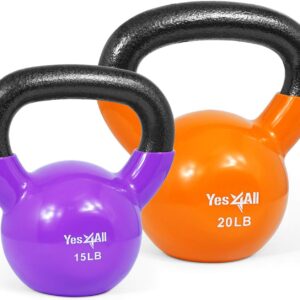Yes4All Kettlebell, Vinyl Coated Kettlebell Cast Iron Sets with Stable Flat Bottom for Full Body Workout, Push up, Grip Strength Training & Weights Exercises