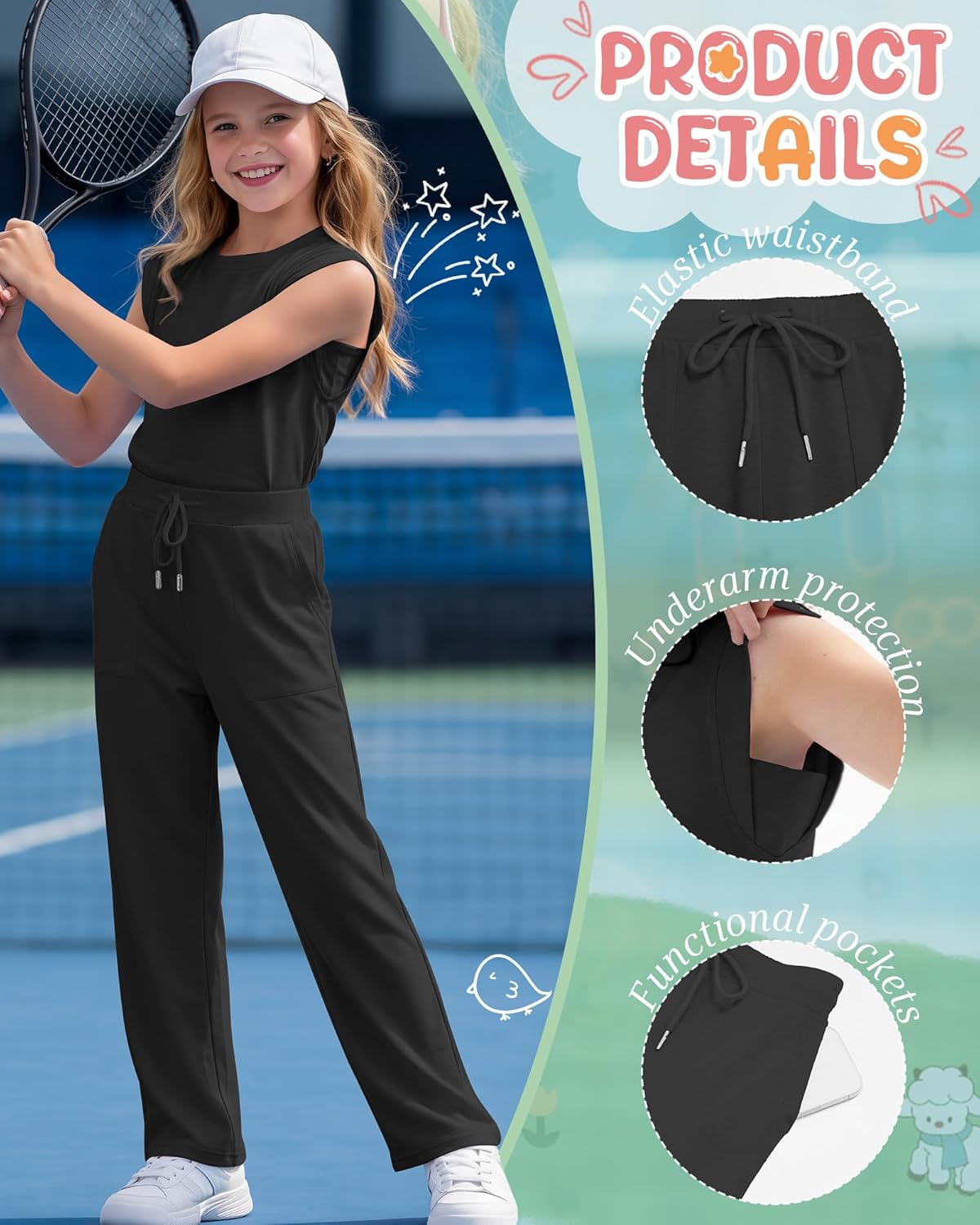 Girls 2 Piece Outfit Sets Short Cap Sleeve Crewneck Top Drawstring Straight Leg Pant Pocket Lightweight Clothes - Image 5