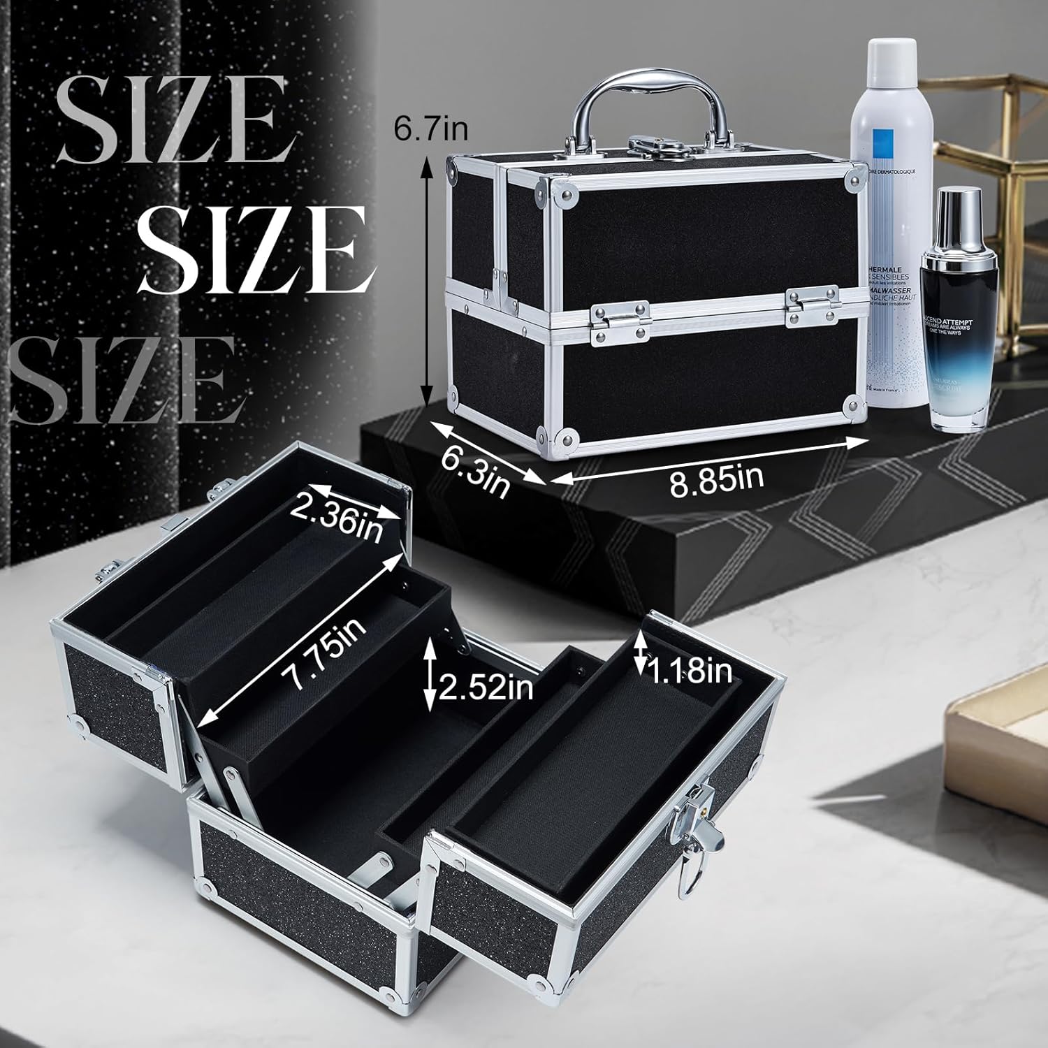 FRENESSA Makeup Train Case Portable Makeup Case Organizer Cosmetic Box Make Up Box Makeup Organizer Cosmetic Storage Cases with Locking Nail Kit Organizer Travel Case Black - Image 4