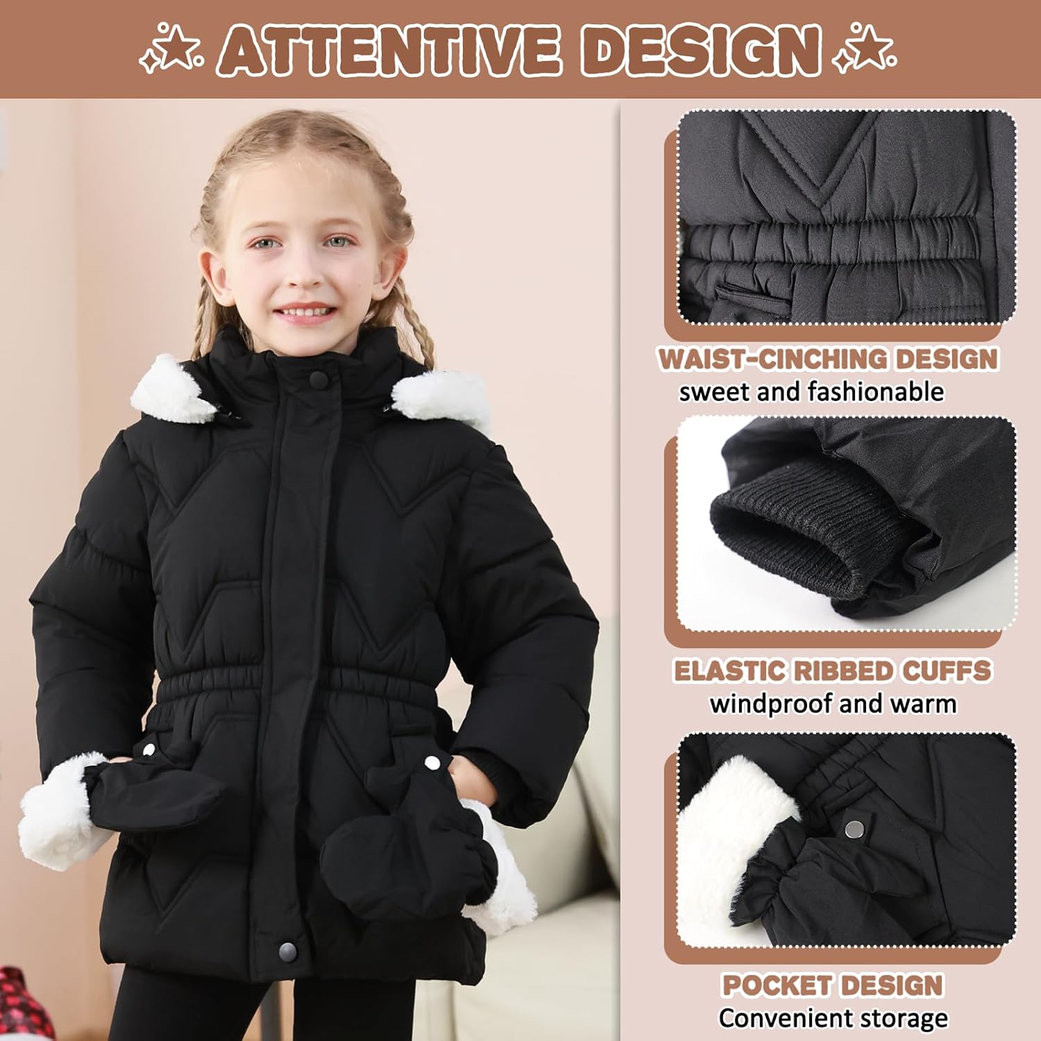 AiWMGL 3T 4T 5T 6T Toddler Girls Winter Coat Jacket Outwear Clothes Warm Overcoat Snowsuit Puffer Parka Fur Lined Hood Kids - Image 5