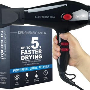 JOHN Professional Hair Blow Dryer, Fast Drying Powerful 2200W, Ionic for No Damage to Hair, Blast Turbo 6900, Black