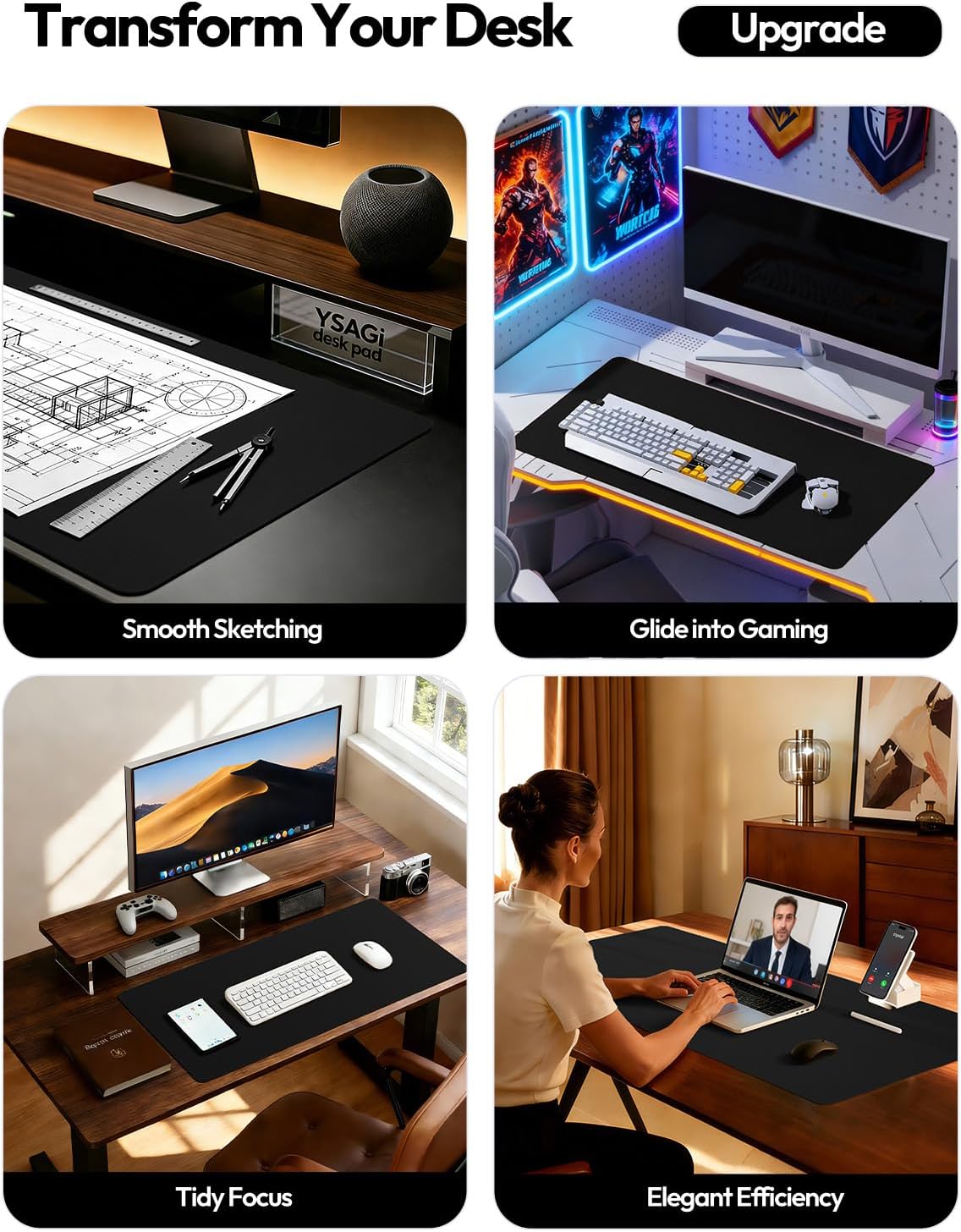 YSAGi Leather Desk Protector, Office Mat, Large Mouse Mat, Non-Slip PU Leather Blotter, Laptop Desk Mat, Waterproof Writing Pad for Office and Home (Black, 31.5" x 15.8") - Image 2