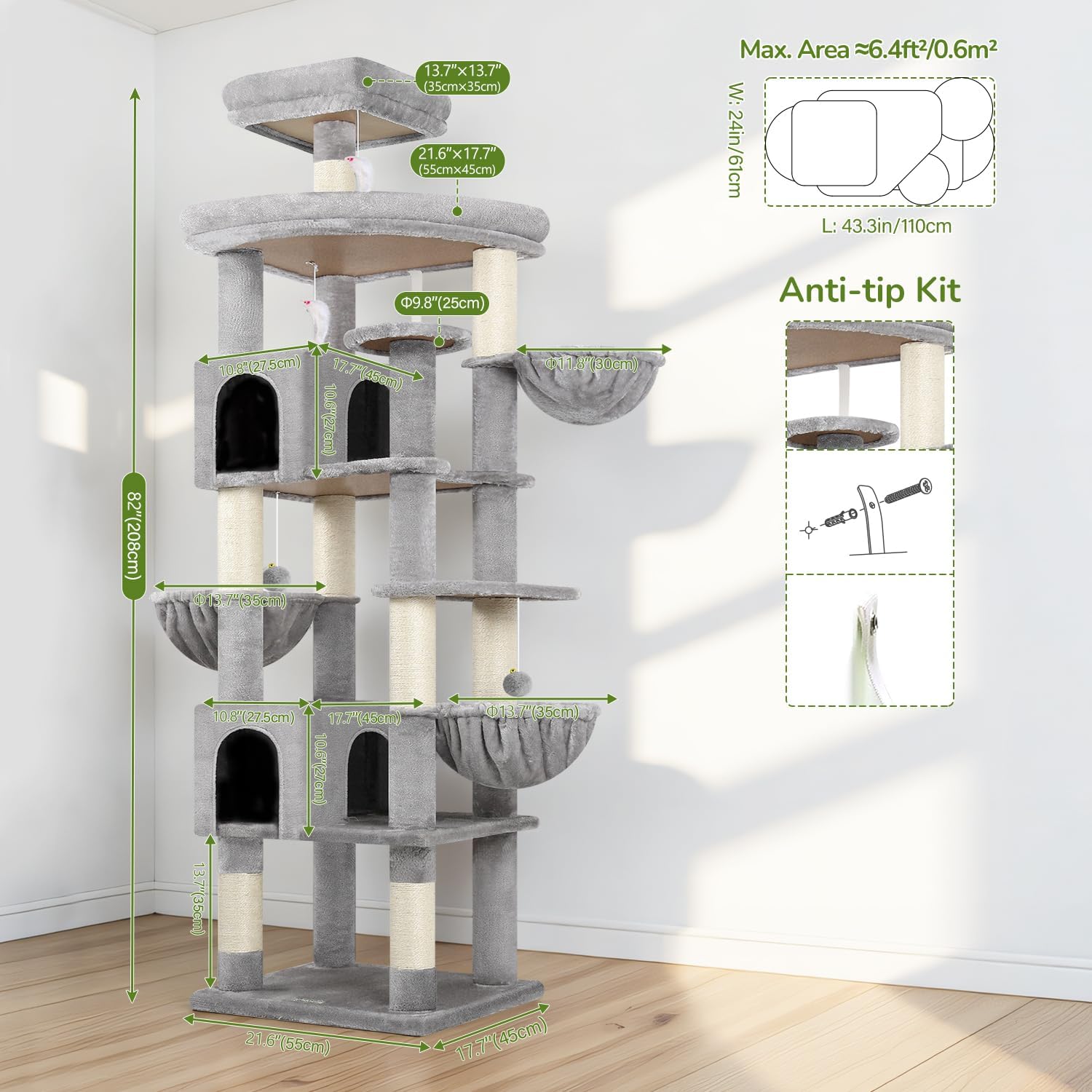 Globlazer Extra Large Cat Tree Tower, 82in Tall Heavy Duty Cat Tree for Indoor Cats Large Adult Big Cat Tower with 8 Scratching Posts, 2 Cat Condos, 2 Top Perches, 3 Hanging Baskets, S82, Light Grey - Image 6