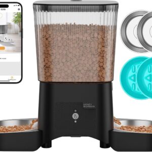 HoneyGuaridan Automatic Cat Feeder for 2 Cats,3.5L Dual Cat Food Dispenser, 2.4G/5G WiFi APP Control for Multiple Cats,2 Stainless Steel Bowls & 2 Slow Feeder Anti-Choking Bowls, Dual Power