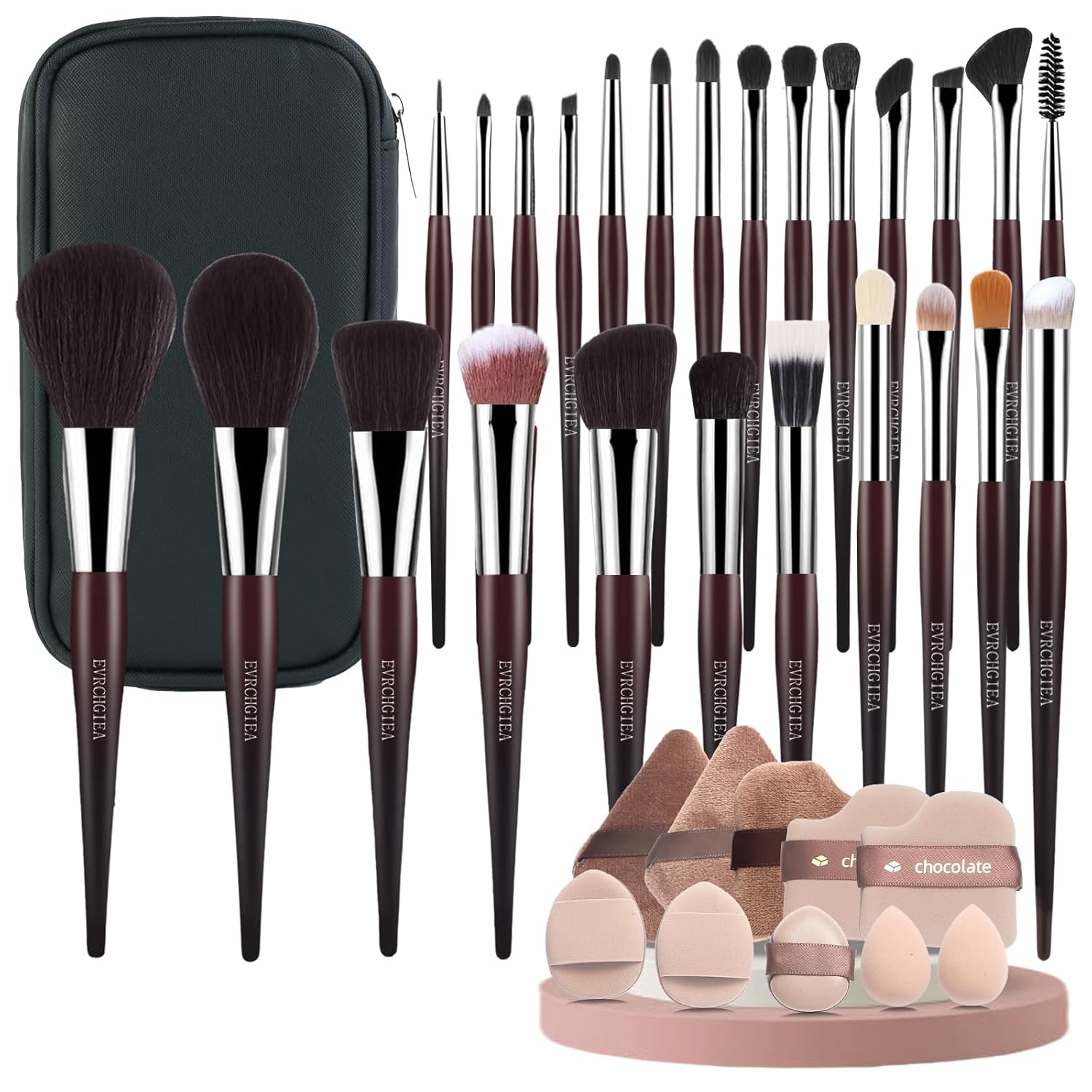 Professional Makeup Brush Set, 25Pcs Powder Foundation Blush Eyeshadow Brushes with Travel Case. All in One Brush Set, Soft Synthetic Vegan & Cruelty-Free (brown)