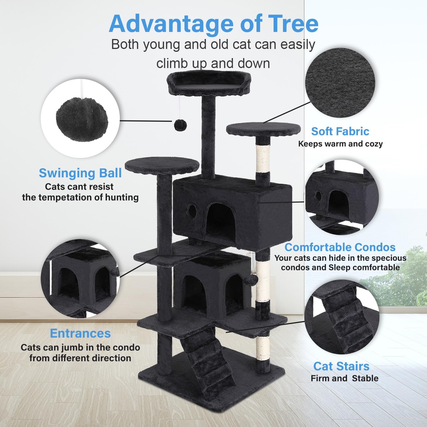 FDW | 54" Cat Tree Tower | Dark Gray | Multi-Level Indoor Activity Center with Sisal Scratching Posts, Condos, Plush Perches, Hanging Cat Toys | Sturdy, Easy to Assemble | for Kittens & Adult Cats - Image 3