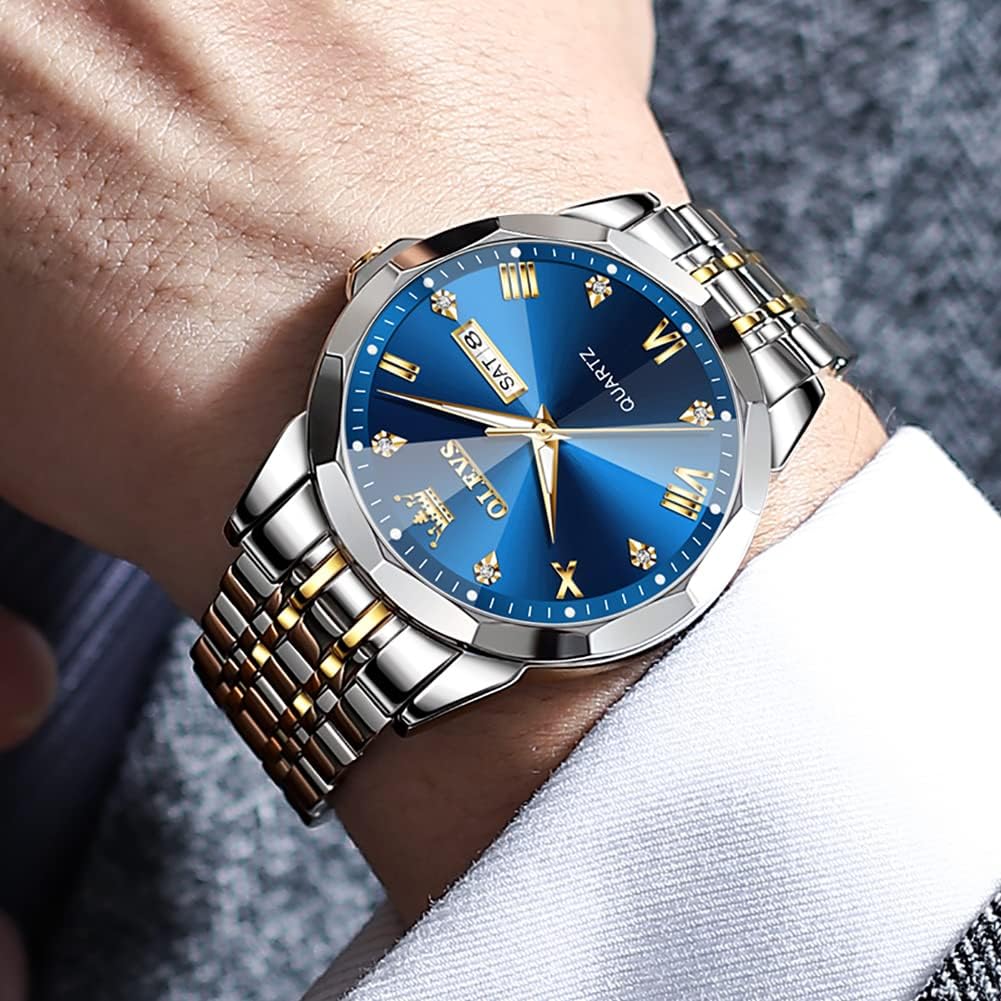 OLEVS Watch for Men Diamond Business Dress Analog Quartz Stainless Steel Waterproof Luminous Date Two Tone Luxury Casual Wrist Watch Blue - Image 8