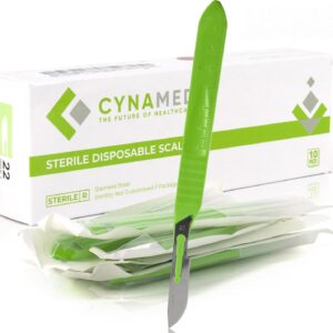 CYNAMED # 22 Disposable Scalpel with Plastic Handle – Sterile Single Blade Razor for Dermaplaning, Dissection, Podiatry, Professional Grooming, Acne Removal – Surgical Stainless Steel Tool – Box of 10