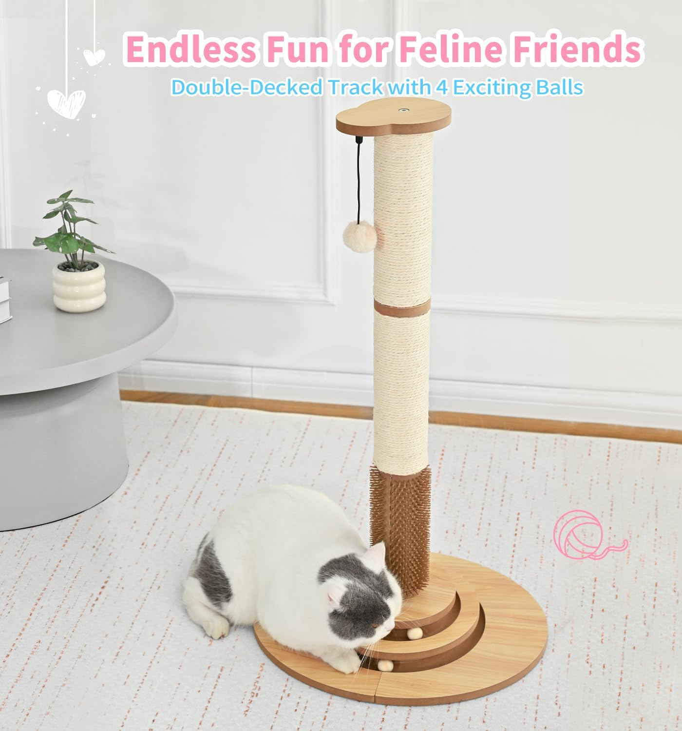 Made4Pets Cat Scratching Post Premium Sisal Cat Scratcher Kitten Toys for Indoor Kittens 33.6" Tall Cat Tower Scratch Post Cat Tree Wooden Interactive Ball Track Cat Toy with Hanging Ball, Beige - Image 9