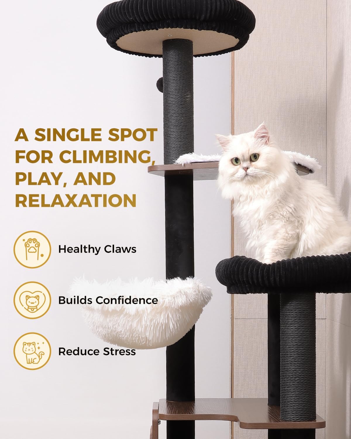 63" Modern Cat Tree Tower for Indoor Cats, Heavy Duty Cat Trees for Large Cat, Adult Maine Coon Cat Tree Tower with Scratching Post, Extra Large Top Perch, Cat Condos (Black) - Image 5