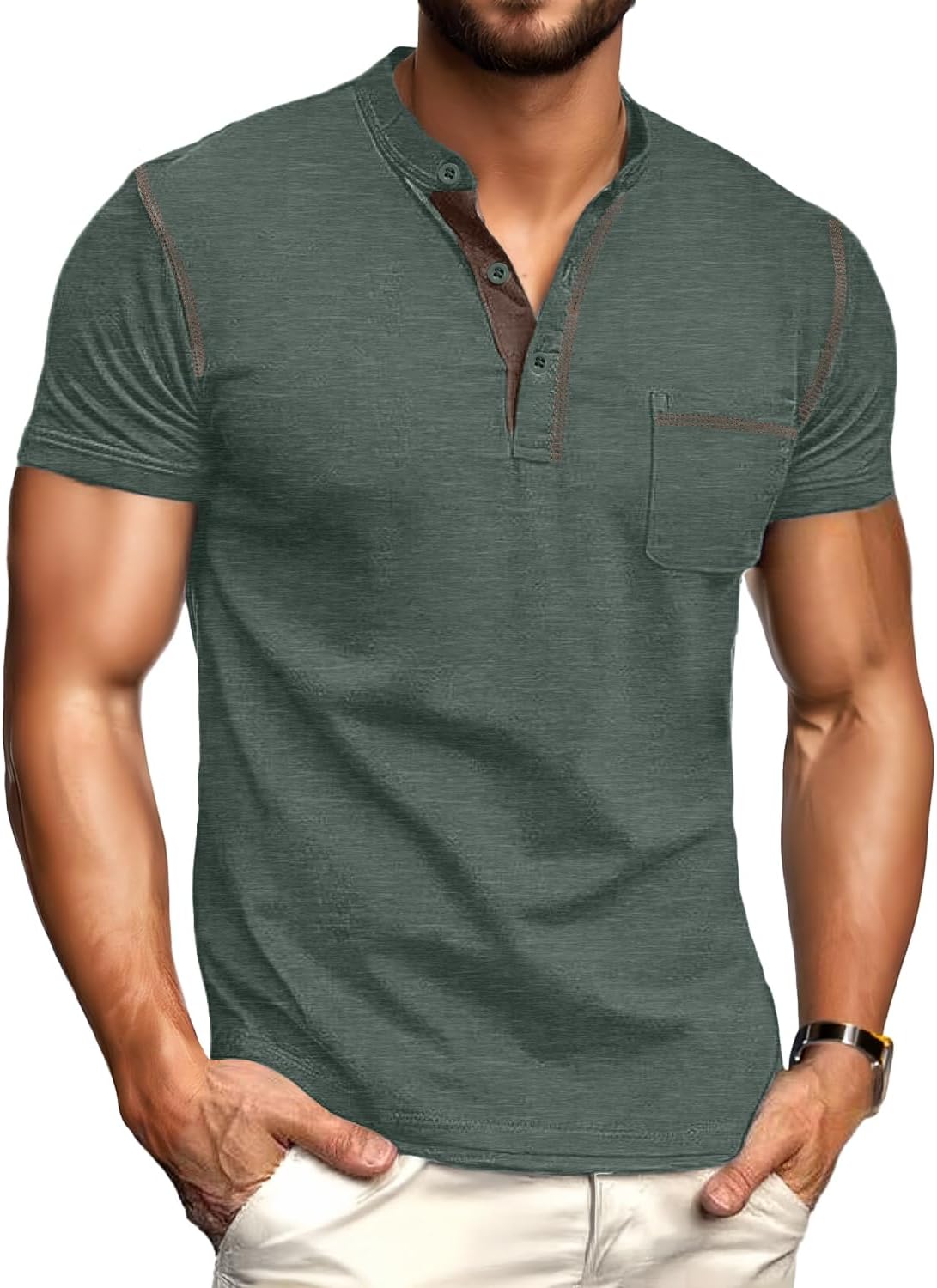 Sailwind Mens Henley Shirts Short Sleeve Summer Casual Classic Cotton T Shirts Pocket Button Shirt - Image 2