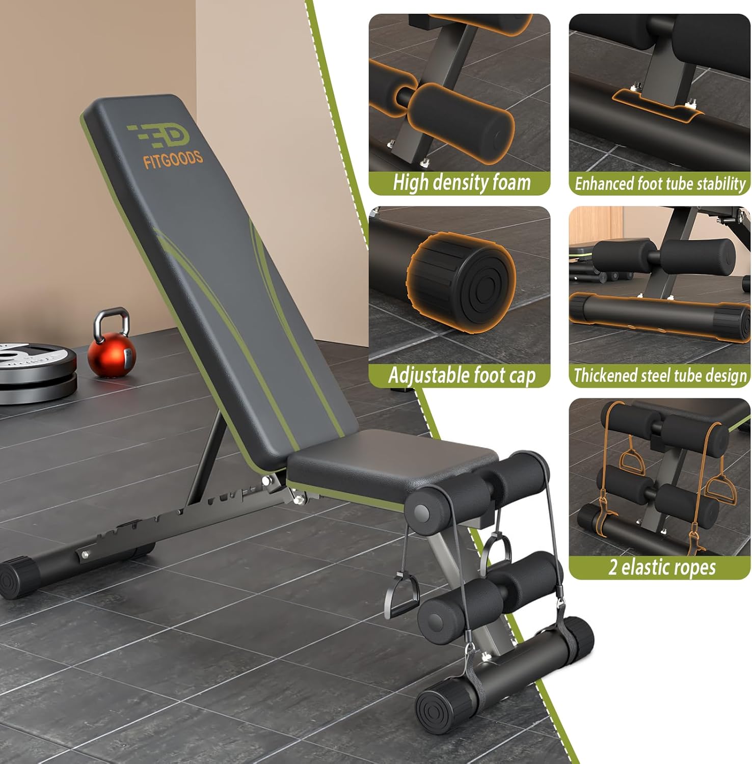 Fitgoods Adjustable Weight Bench for Home Gym, Foldable 700LBS Workout Bench with 9 Backrests, Multi-Purpose Bench Press for Incline Decline Flat with Fast Adjustment (2 resistance bands) - Image 6