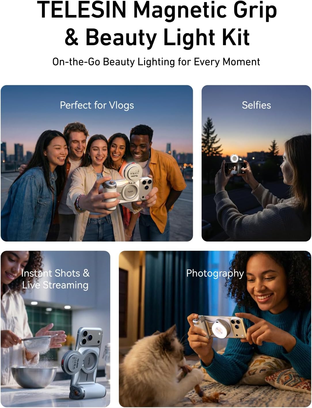 TELESIN Pro Shot Imaging Grip + Beauty Selfie Flash Light Bundle Kit | DSLR Style Feel, Ergonomic Grip, Strong Magnetic Hold | MagSafe Creator Kit for iPhone & Android | for Selfie, YouTube, Zoom Call - Image 4