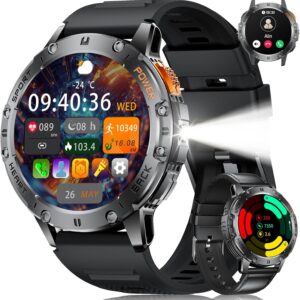 Military Smart Watches for Men for Android/iPhone-1.43” Amoled Display Fitness Watch with Heart Rate/SpO2/Sleep Monitor/100+ Sport Modes/Flashlight,5ATM Waterproof Sport Watch,Pedometer,Silicone