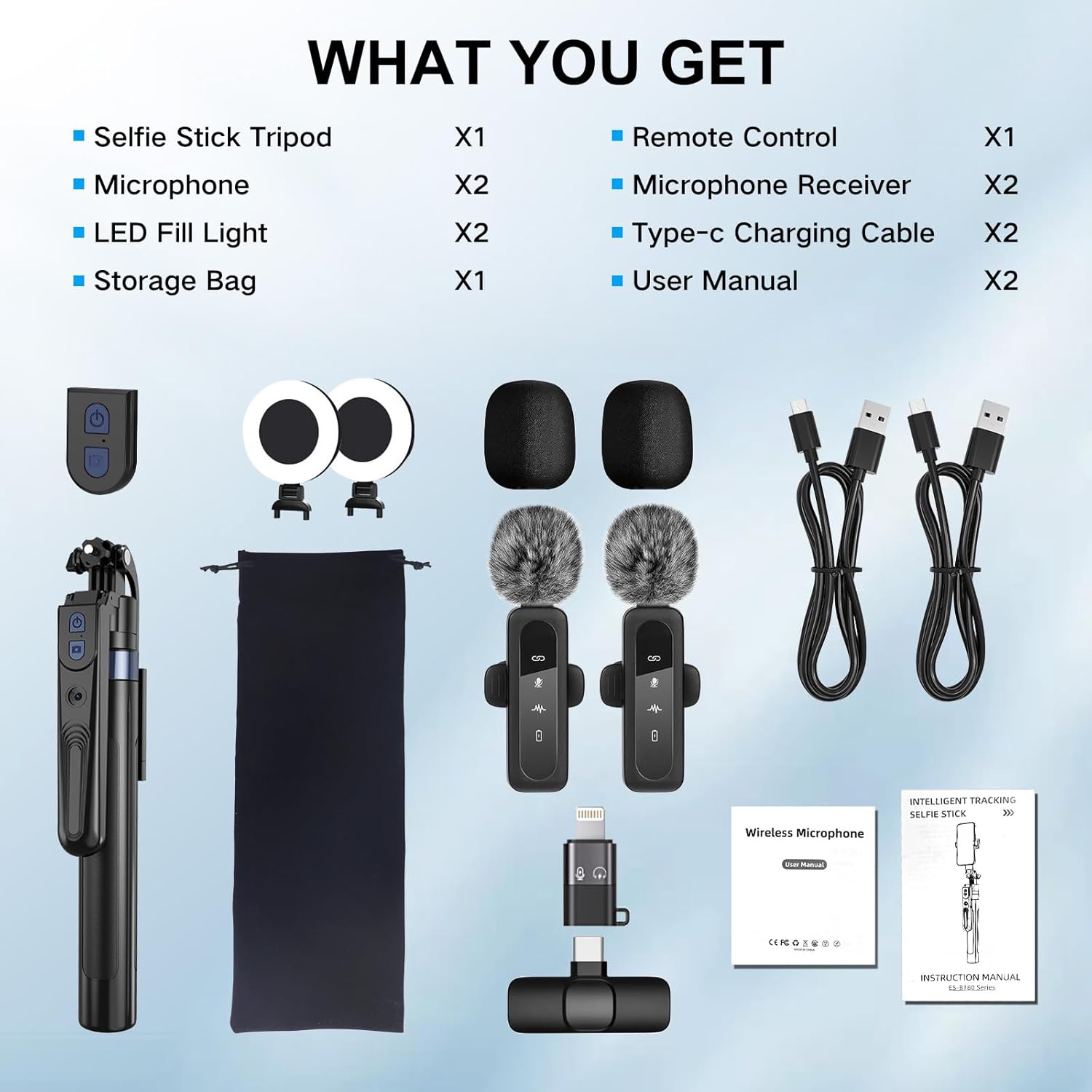 Content Creator Vlogging Kit for iPhone/Android,70-inch Auto Face Tracking Tripod for iPhone with Light and Wireless Microphones,TikTok/YouTube Starter Kit - Image 6