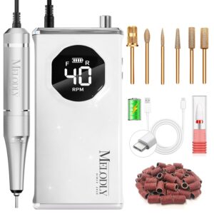 Electric Nail Drill File Professional 40000 RPM, Melodly Rechargeable Electric Nail File Machine Kit for Acrylic Gel Nails Polishing Removing, Portable Cordless Efile with Gold Bits Kit at Salon Home