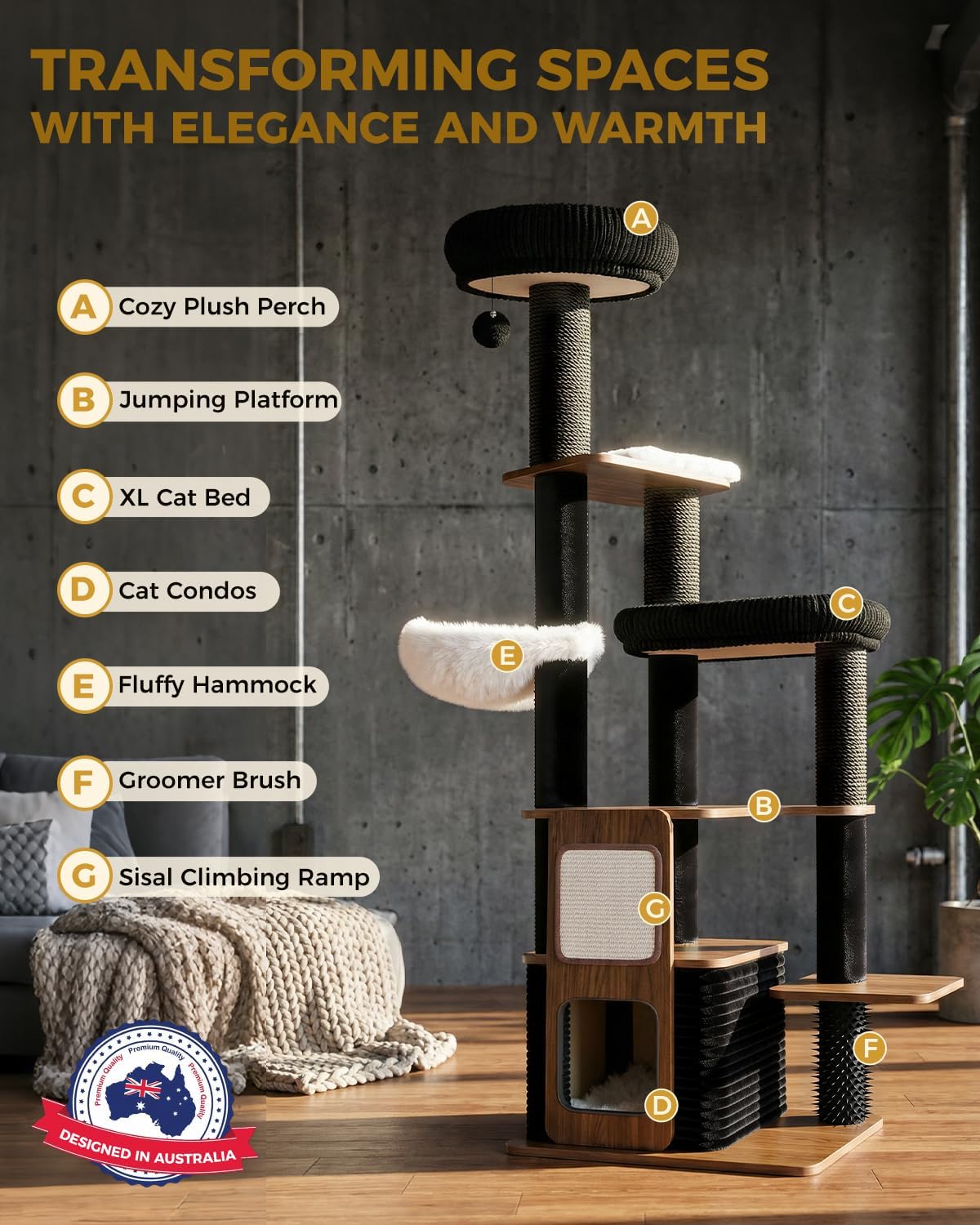 63" Modern Cat Tree Tower for Indoor Cats, Heavy Duty Cat Trees for Large Cat, Adult Maine Coon Cat Tree Tower with Scratching Post, Extra Large Top Perch, Cat Condos (Black) - Image 4