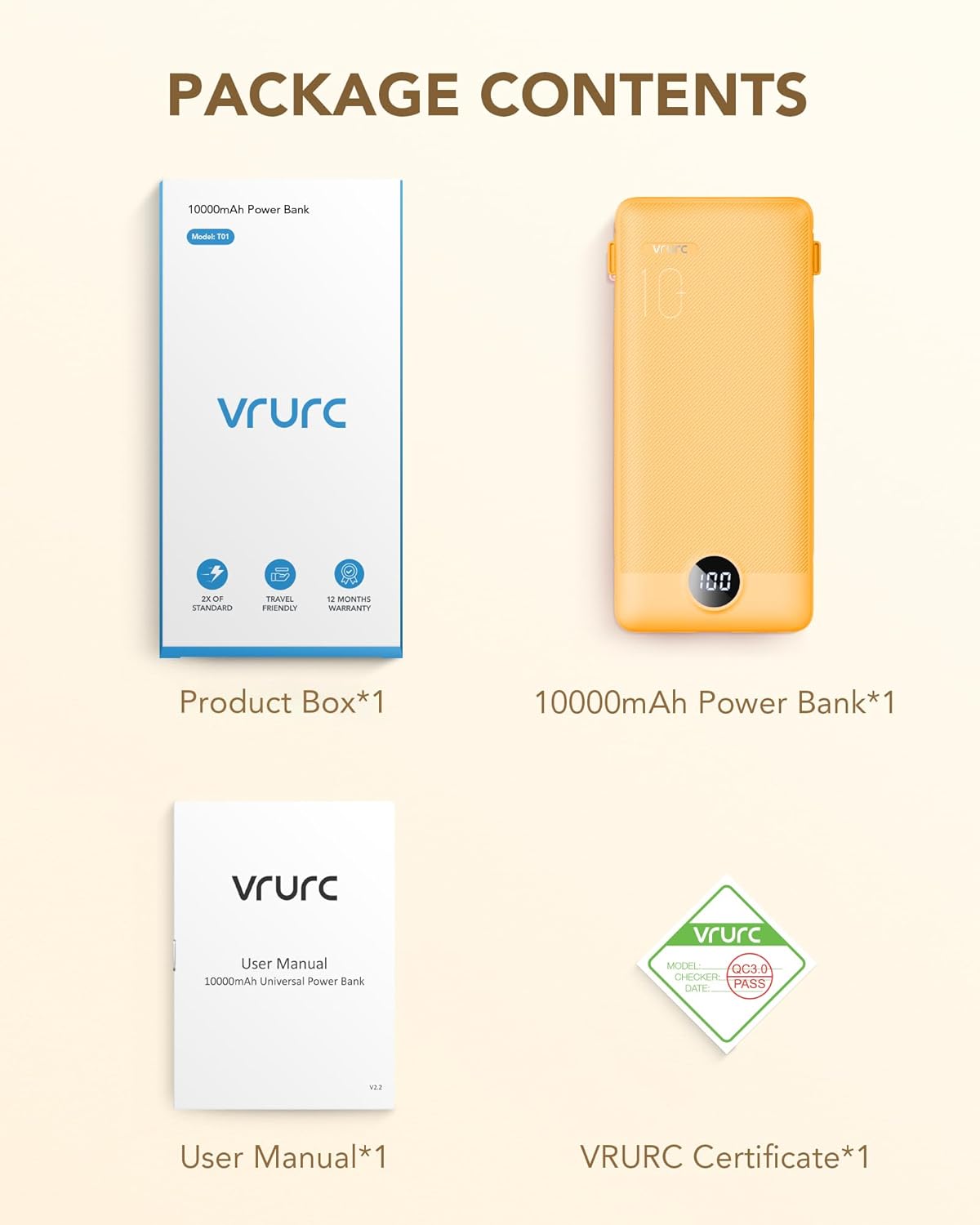 VRURC Portable Charger Built-in Cables and AC Wall Plug, USB C Power Bank 10000mAh, Travel Battery Phone Charger Compact Lightweight External Battery Pack for Smart Phones, Tablets etc-Orange - Image 8