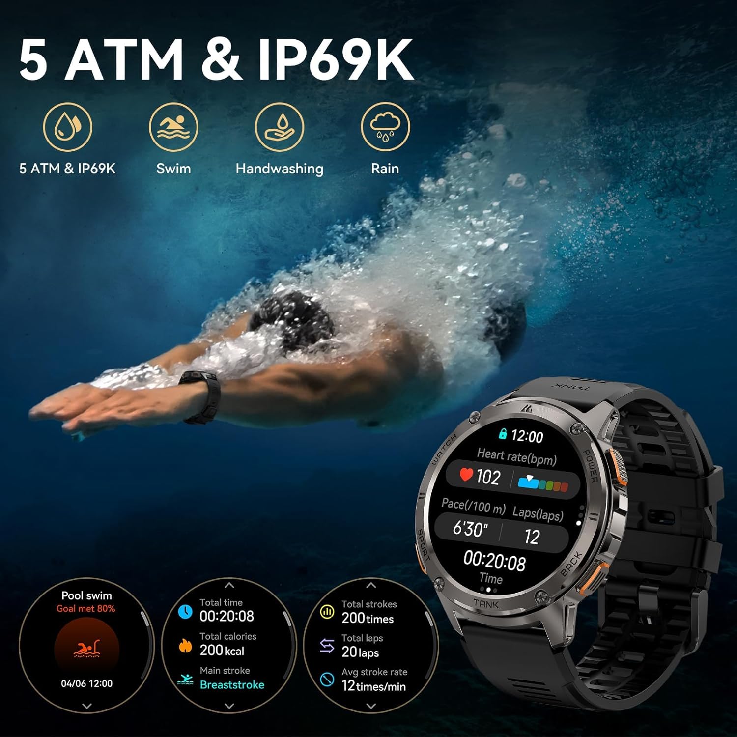 AMAZTIM Smart Watches for Men,60 Days Extra-Long Battery, Rugged Military Bluetooth Call(Answer/Dial Calls),1.43" Ultra HD AMOLED Display,Full Metal Body SmartWatch Compatible iPhone and Android - Image 6