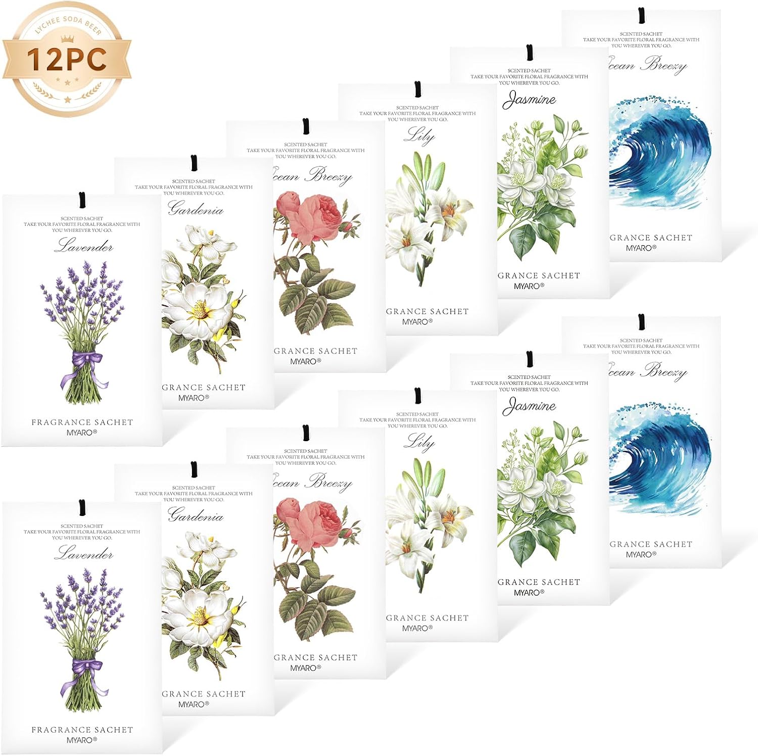 MYARO 12 Pack Assorted Floral Scented Sachets - Lavender, Rose, Jasmine, Ocean, Gardenia & Lily | Drawer, Closet & Car Air Freshener Bags | Multi-Scent Home Fragrance Gift Set - Image 5