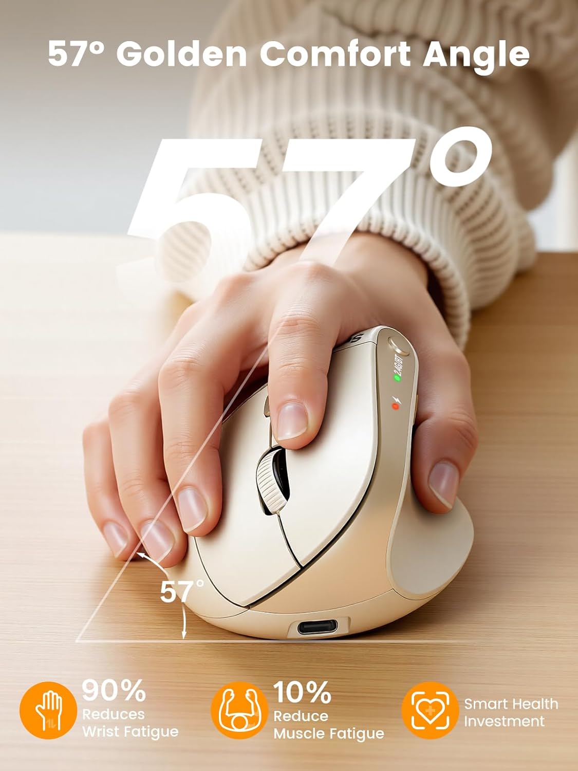 SABLUTE MAM3 Ergonomic Mouse, Rechargeable Wireless Vertical Mouse with 4 Adjustable DPI for Small/Medium Hands, Dual-Device Connectivity for Computer/PC/Laptop,Bluetooth Mouse for Window,Mac OS,Beige - Image 7