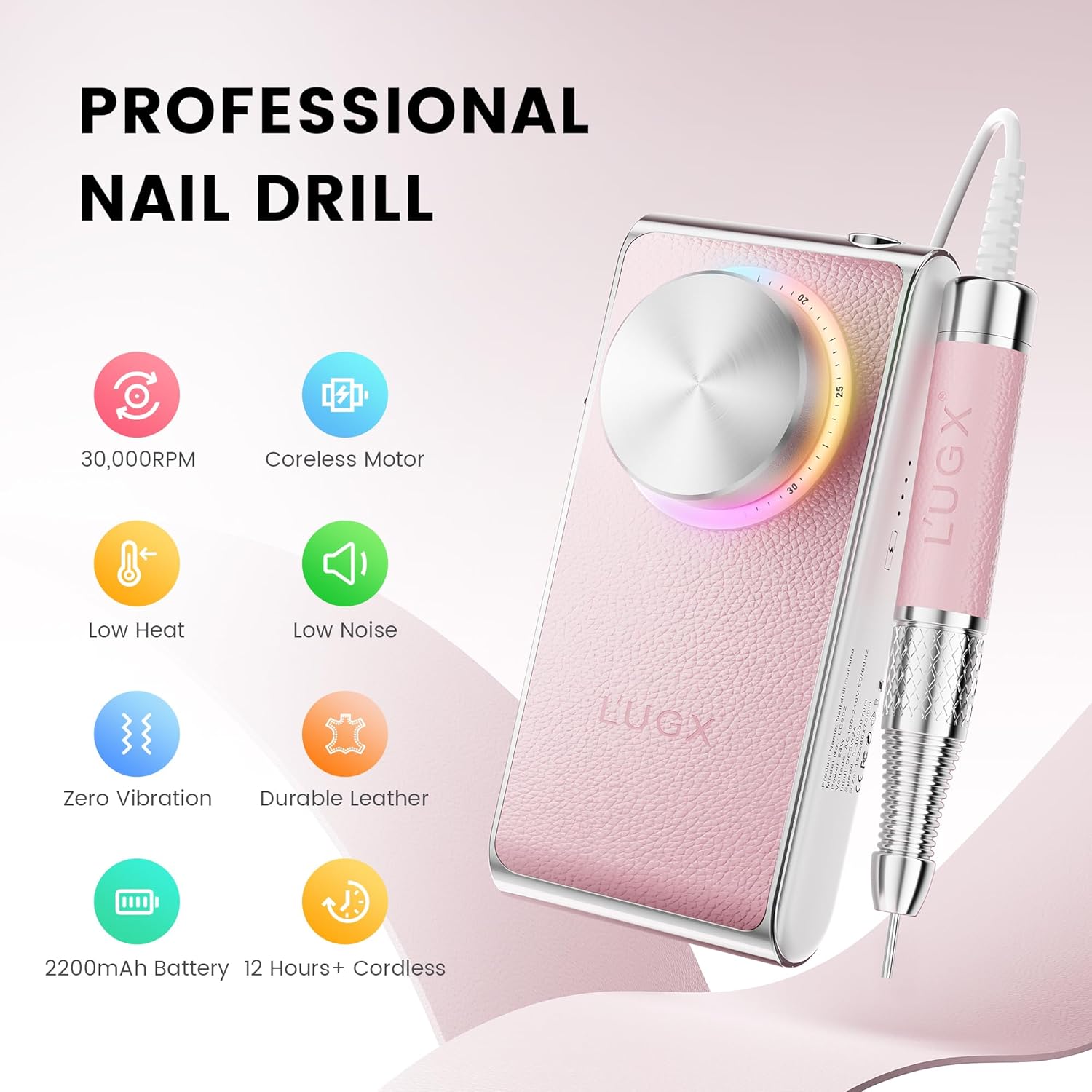 L'UGX Professional Nail Drill 30000RPM, Cordless Rechargeable Electric Nail File for Acrylic Nails Gel Polishing, Efile Nail Kit for Manicure Pedicure, Low Noise Low Vibration, 7Pcs Drill Bits, Pink - Image 2