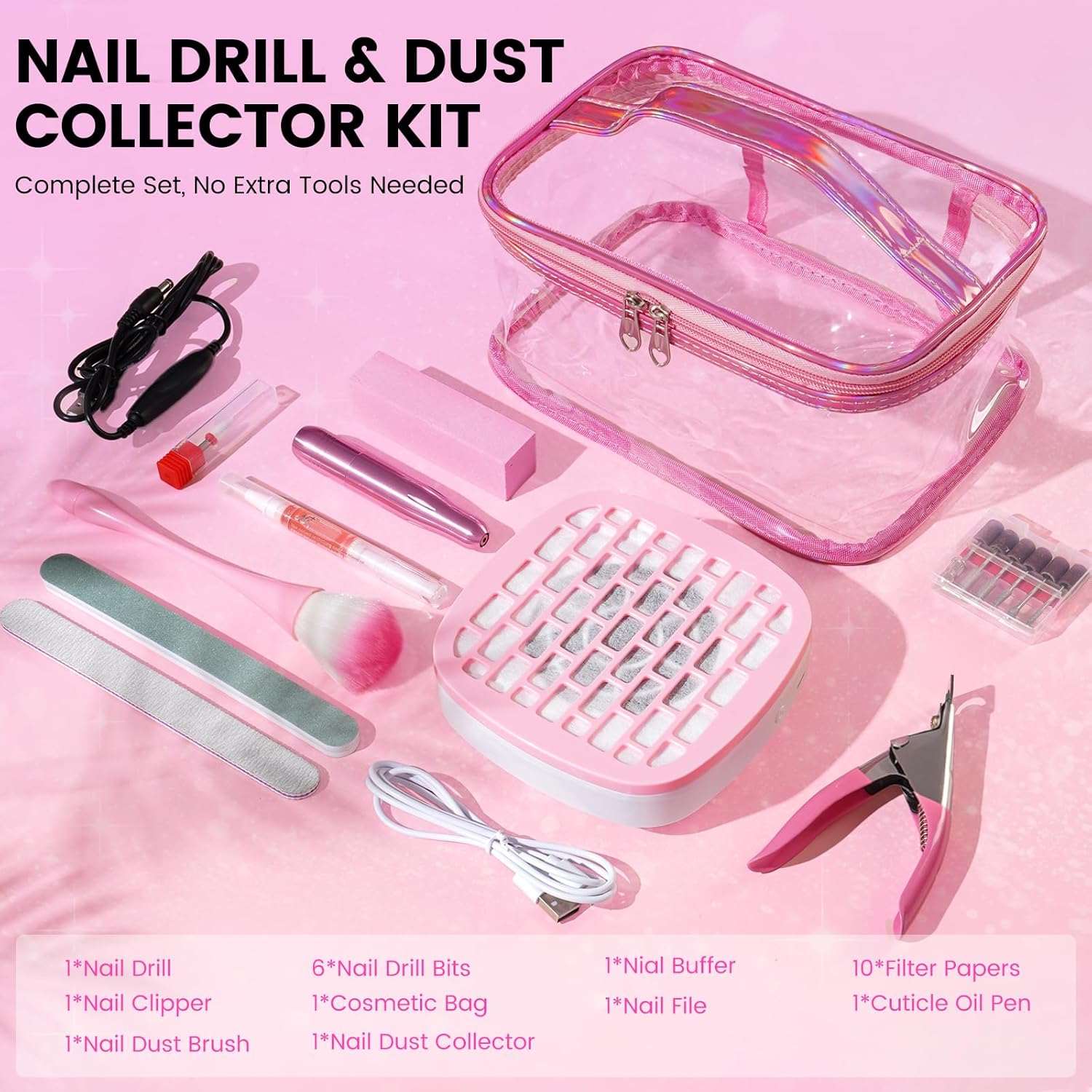 Nail Drill with Dust Collector Kit: 20000RPM Professional Electric Nail File for Acrylic Gel Removal, Manicure Pedicure Polishing, Complete Nail Tool Set in Cosmetic Bag for Home DIY Beginners (Pink) - Image 2