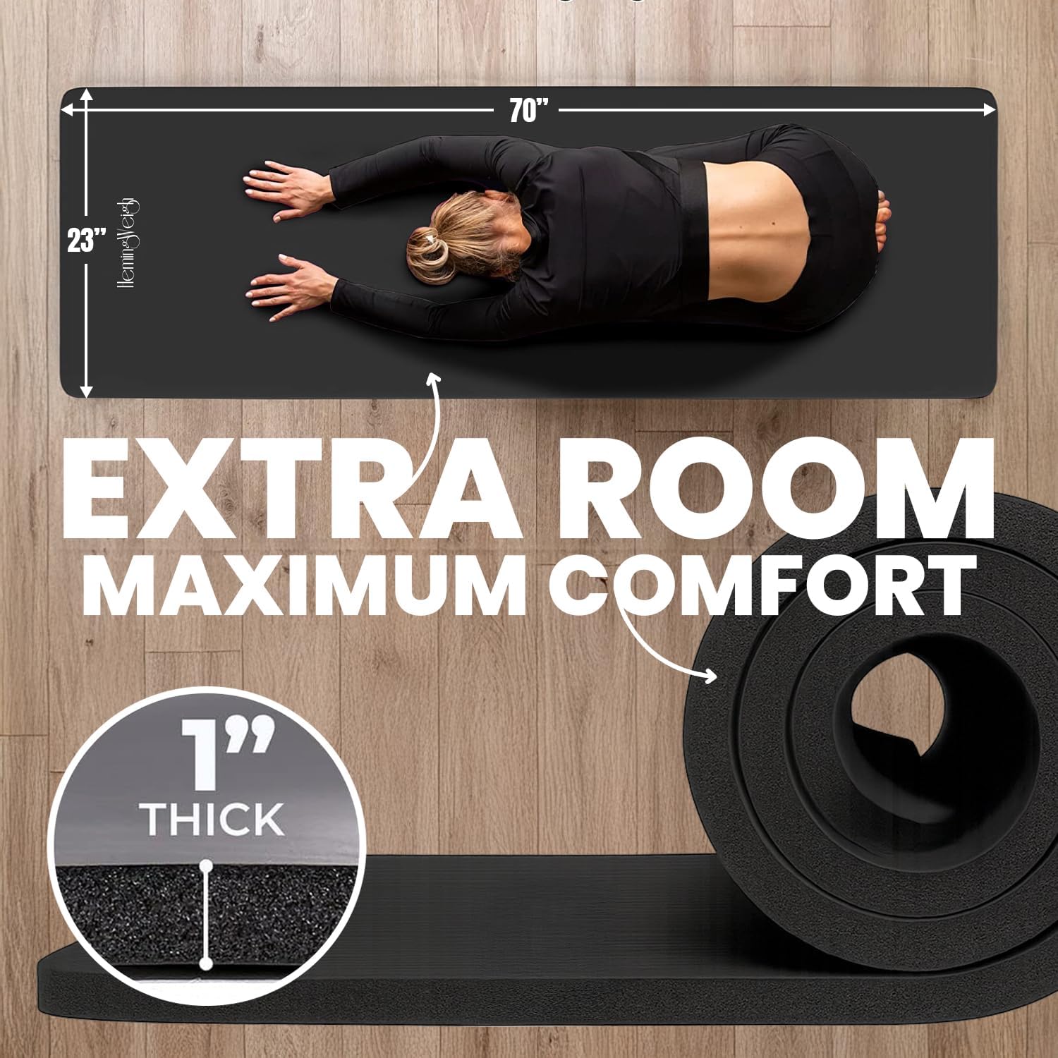 HemingWeigh 1 Inch Extra Thick Non Slip Yoga Mat - Exercise Mats for Home Workouts, Black (70"L x 23"W) - Image 2