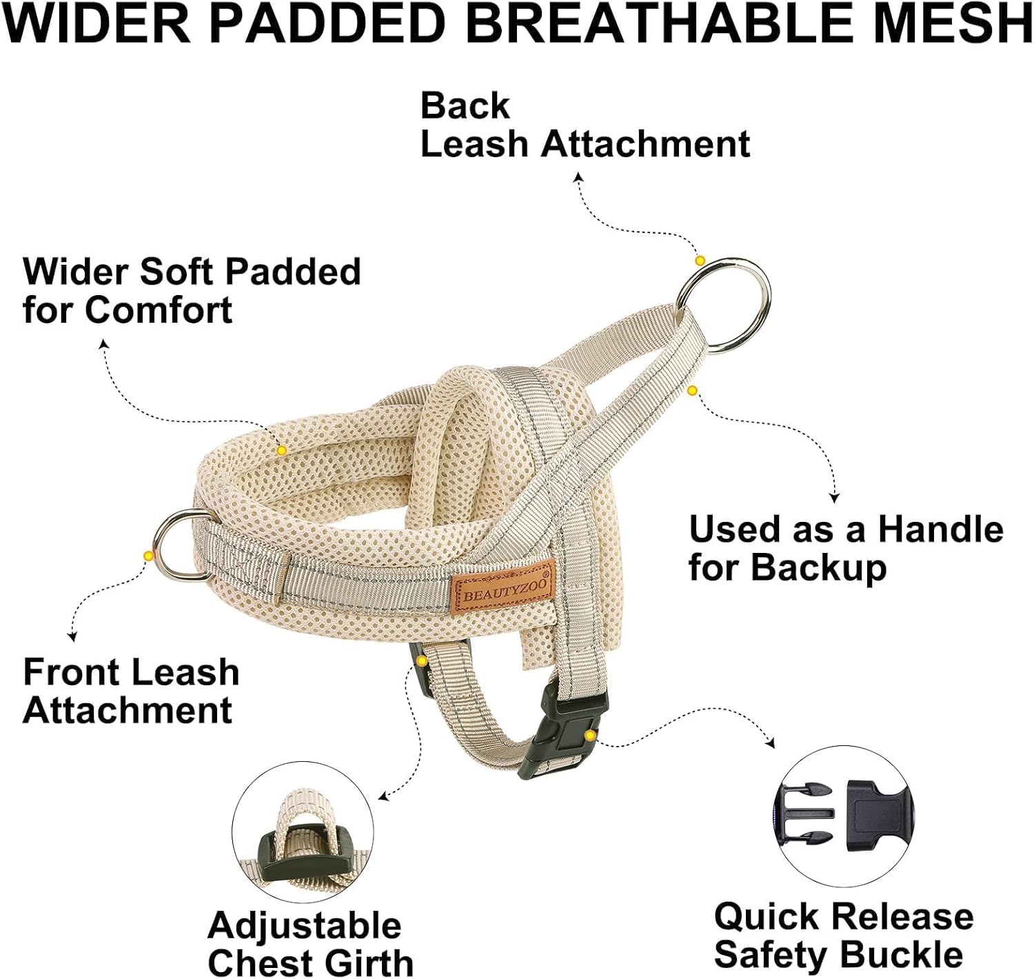BEAUTYZOO Dog Harness for Small Dogs, No Pull Dog Harness and Leash Set, Soft Escape Proof Puppy Vest Harness with Handle, Reflective Lightweight Step in Harness for Girl Boy Dogs, Beige S - Image 2