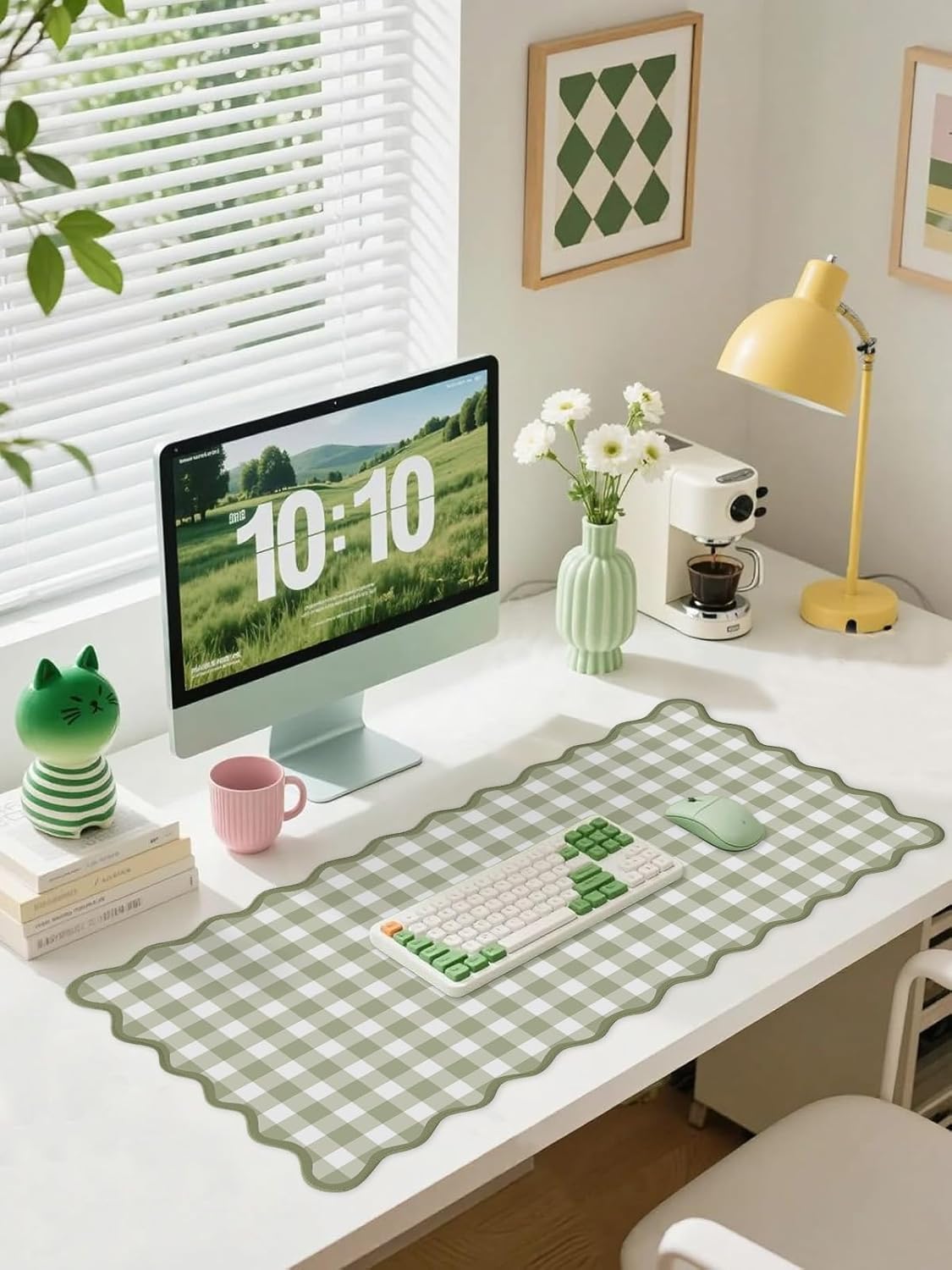 Scalloped Green Checkered Desk Mat Cute Pastel Large Gaming Mouse Pad Gingham Kawaii Cottagecore Vintage Girly Keyboard Computer Mat Aesthetic Desk Pad Accessories Office Decor for Women - Image 2