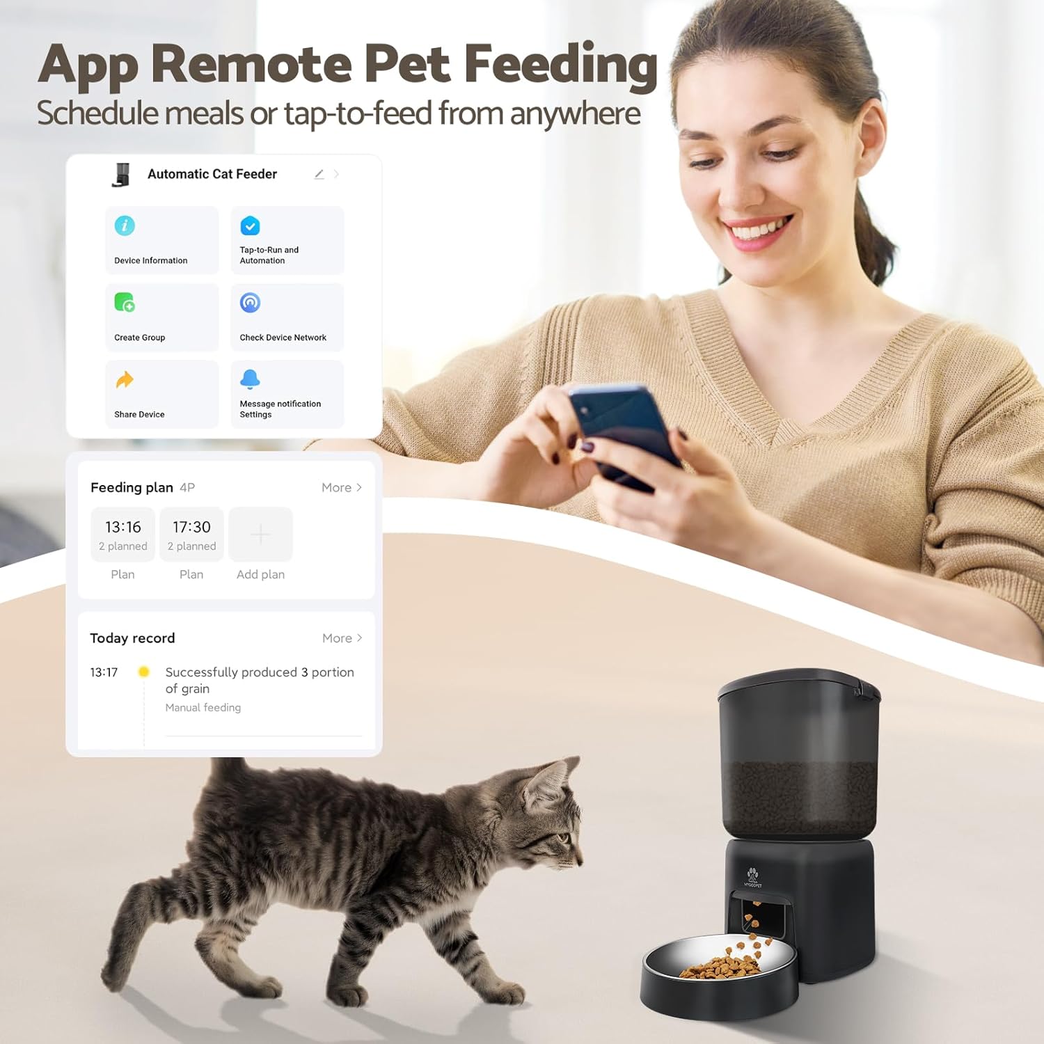 Automatic Cat Feeder, 5G WiFi Auto Cat Food Dispenser with Desiccant Bag, 5L Timed Pet Feeder with Free APP Service, Adjustable Portions Down to 1/12 Cup, Up to 10 Meals Per Day, Dual Power Supply - Image 4
