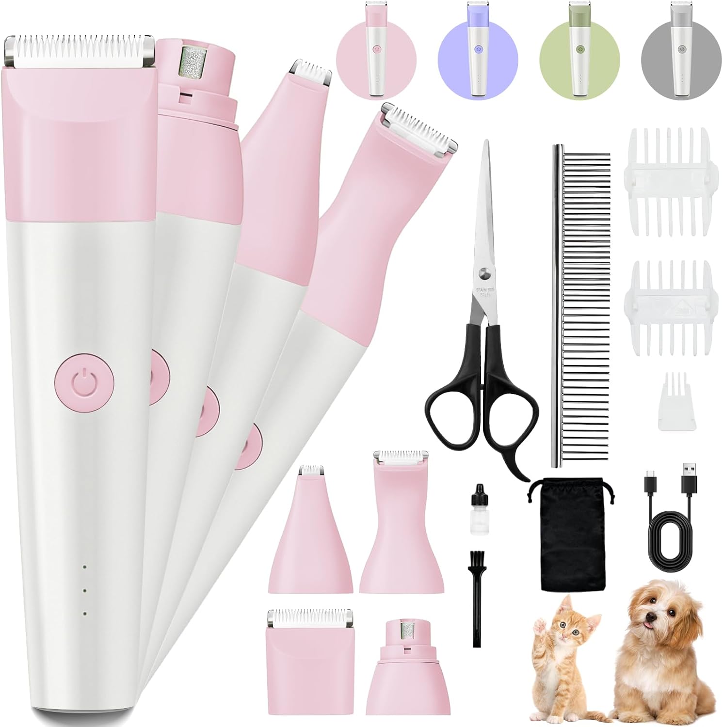 Dog Clippers Grooming Kit, 4 in 1 Quiet Cordless Dog Paw Trimmer & Nail Grinder, Small Cat Clippers Electric Rechargeable Low Noise Pet Shaver for Trimming Hair on Paw Eye Ear Face Rump (Pink) - Image 8