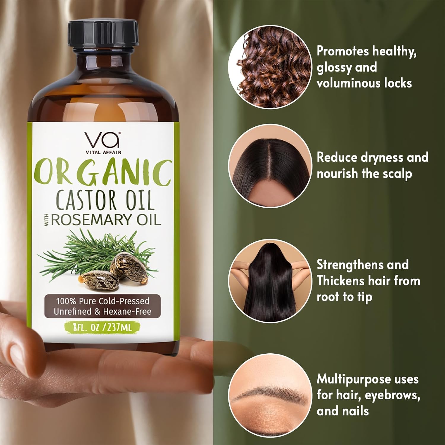 VITAL AFFAIR Organic Castor Oil With Rosemary Oil For Hair Growth - 100% Pure Rosemary Hair Oil With Pure Castor Oil Cold Pressed Unrefined Glass Bottle - Strengthening & Volumizing 8 Fl Oz - Image 6