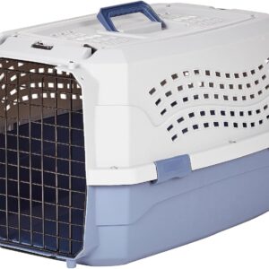 Amazon Basics Sturdy Portable 2-Door Top-Load Hard-Sided Pet Travel Carrier with Secure Ventilation, Handle, Front & Top Entry for Dogs, Cats, 22.8″L x 15″W x 13″H, Gray & Blue