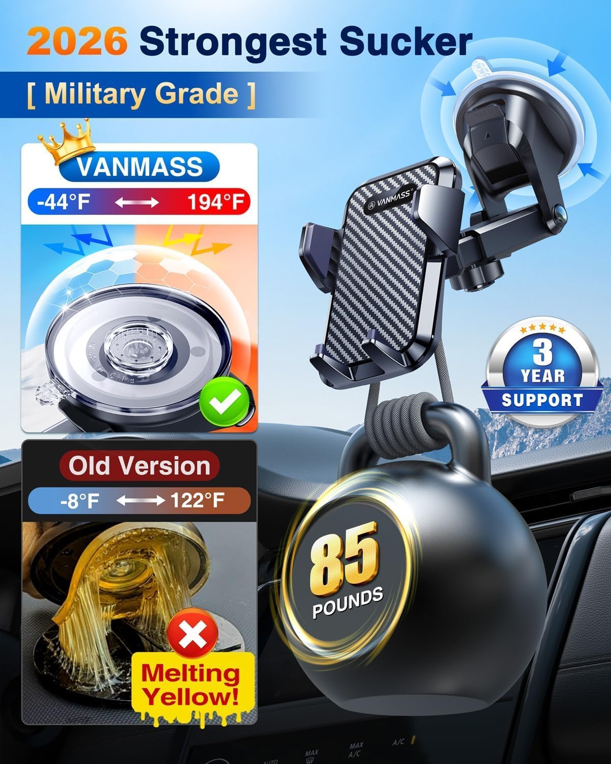 VANMASSใ85+LBS Strongest Suction & Military-Grade Ultimate Car Phone MountใPatent & Safety Certsใ Cell Phone Holder for Dash Windshield Vent for iPhone 17 Pro Max Automobile Accessory Kits,Ink Black - Image 4