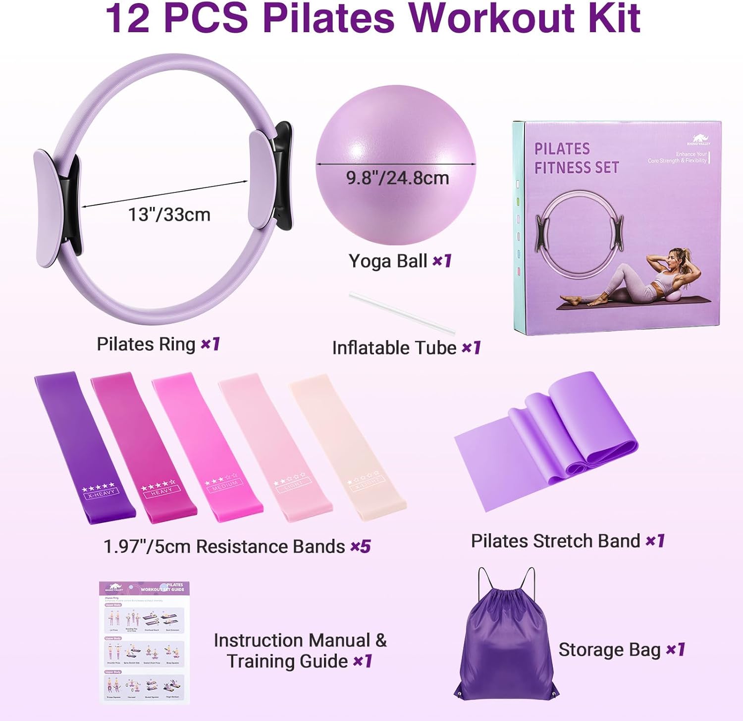 Rhino Valley Home Pilates Kit for Women, Pilates Workouts Set, Pilate Equipment with Circle Ring and Ball, Resistance Bands,Guide, Yoga Fitness Essentials Full Body Exercise Home Kit for Beginners - Image 7