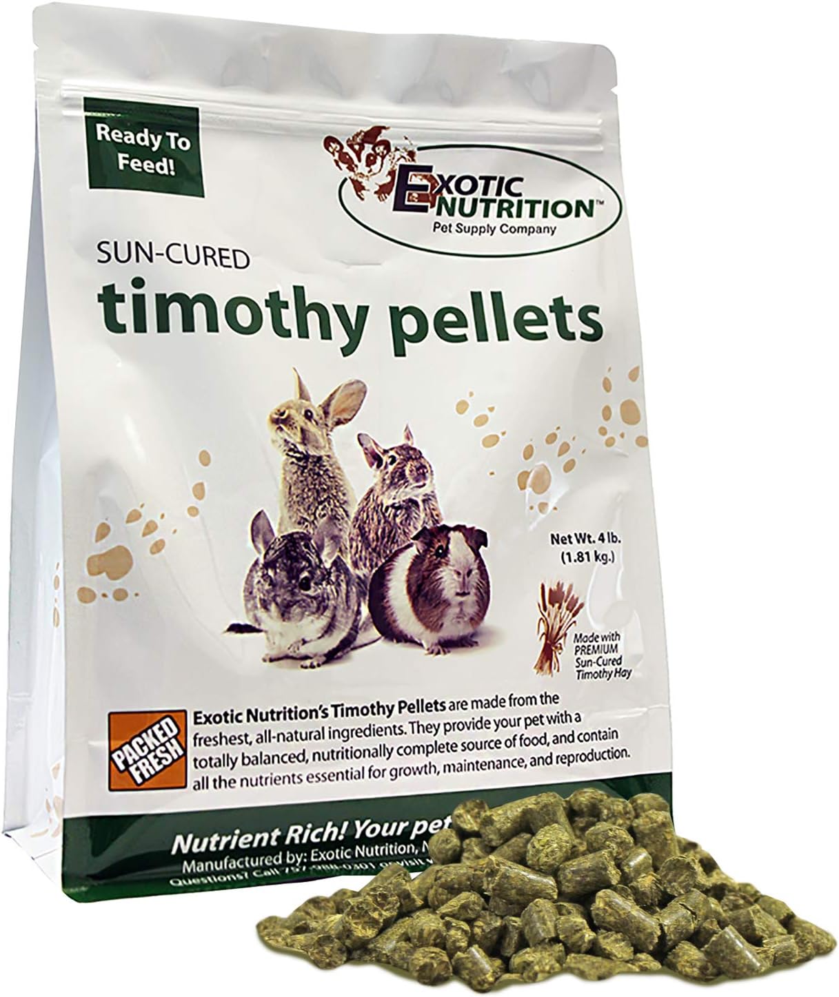 Timothy Pellets (4 lb.) - 100% All Natural, High Fiber, Sun Cured Timothy Hay Grass Food & Treat - Rabbits, Guinea Pigs, Chinchillas, Degus, Prairie Dogs, Tortoises, Hamsters, Gerbils, Rats