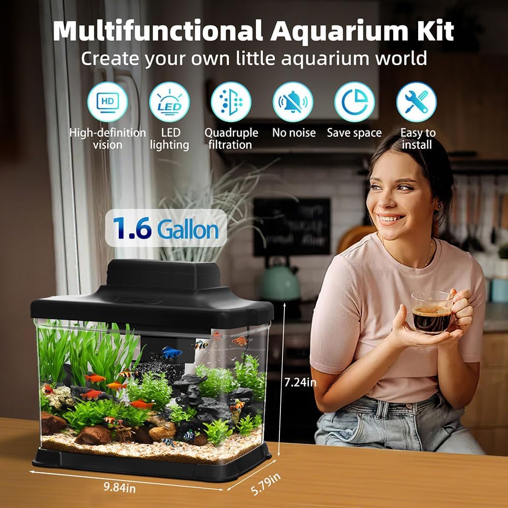 DaToo Small Fish Tank Ultra-Clear 1.6 Gallon Aquarium Starter Kits with LED Lighting and Filter System Beginner-Friendly Mini Betta Aquarium for Small Fish Shrimp Desktop Room Decoration - Image 2
