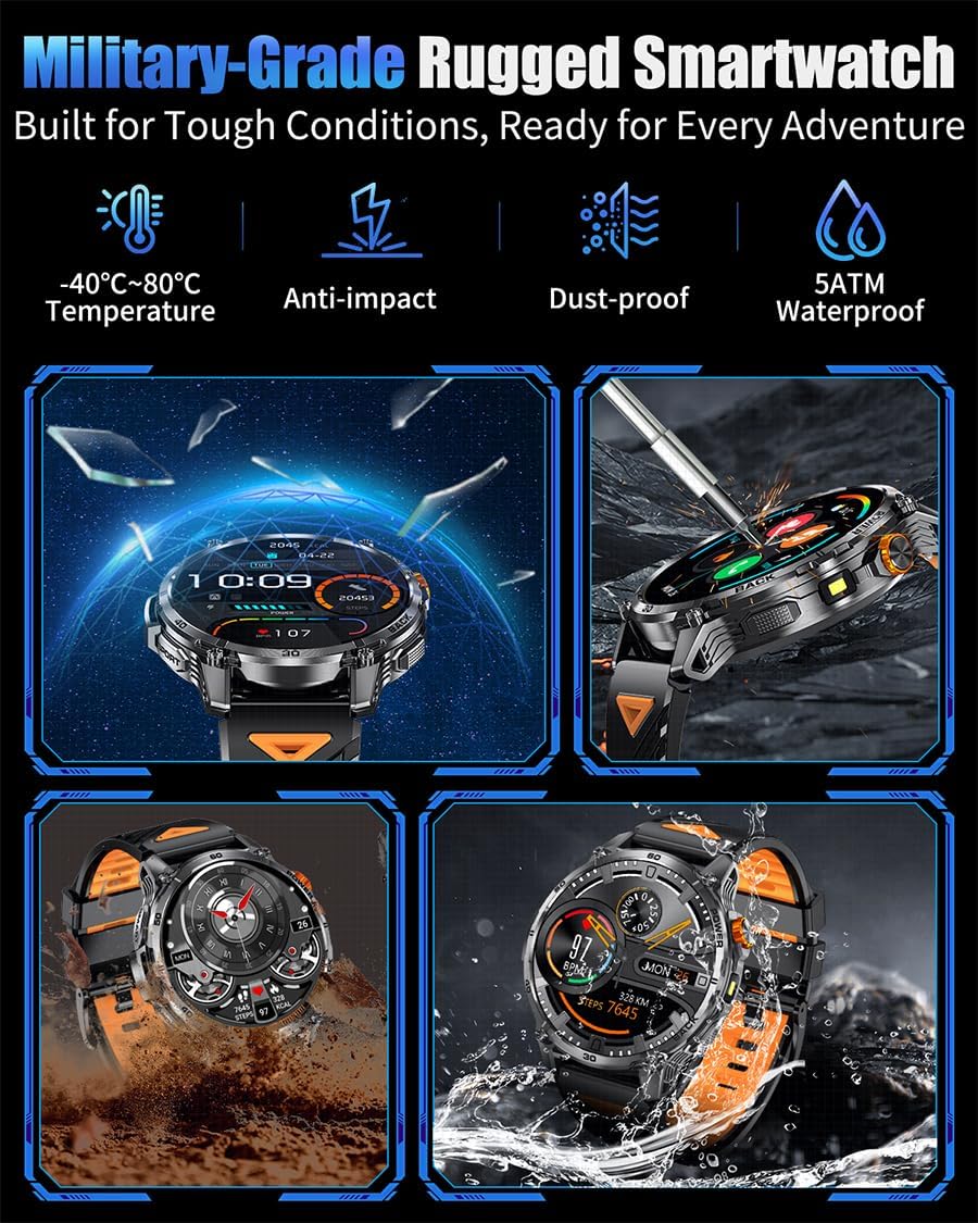 Military Smart Watches for Men,1000mAh/1.7" HD Large Screen Smartwatch, LED Flashlight, Answer/Make Calls,Waterproof,Heart Rate/Sleep Monitor/110+ Sport Modes Fitness Watch for Android/iPhone - Image 5