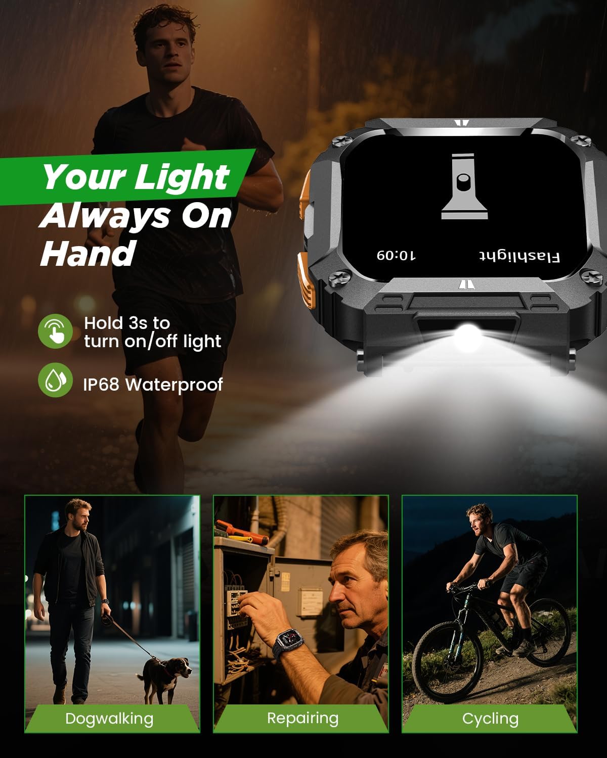 Smart Watches for Men(Flashlight&100 Days Battery Life), 1.95'' Fitness Watch: Waterproof Military Smart Watch with Call/Sleep/SpO2/Heart Rate Monitor/Step Tracker, Sport Smartwatch for Android iPhone - Image 3