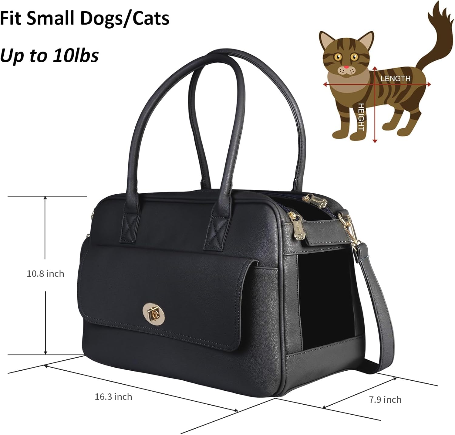 Pet Carrier Dog Purse Carrier Cat Soft-Sided Dog Carriers for Puppy Kitten, Fashion Leather Handbag Tote Travel Pet Bag for Small Dogs Cats, TSA Airline Approved (Black) - Image 2