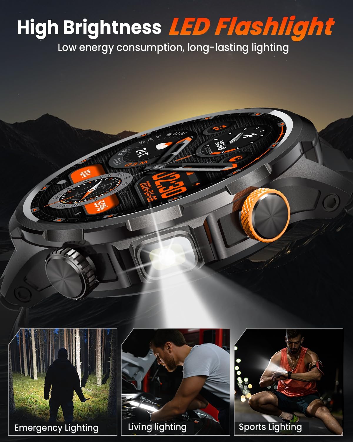 Military Smart Watches for Men, 1.91" Men's Smart Watch with 1000mAh/5 ATM Waterproof/LED Flashlight/110+ Sport Modes/Heart Rate/SpO2/Sleep Monitor, Fitness Tracker Watch for Android & iPhone (Black) - Image 4